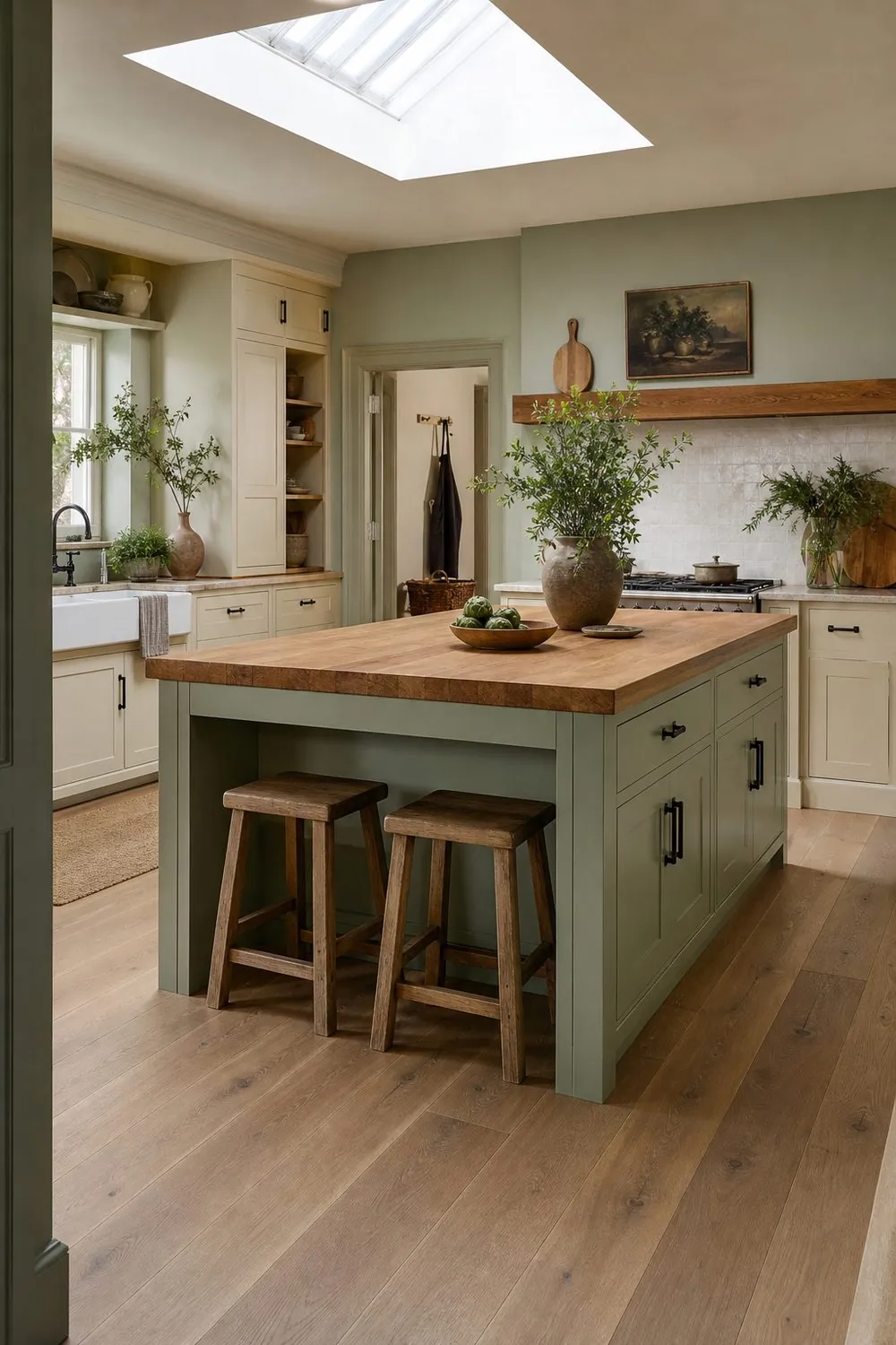 Sage green painted kitchen island with a butcher block top and two wood stools in a farmhouse kitchen with cream perimeter cabinets