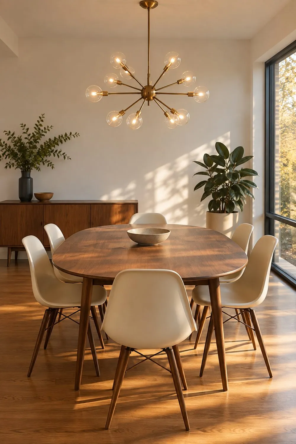 Aged brass sputnik chandelier with glowing glass globes hanging over an oval walnut dining table with cream shell chairs