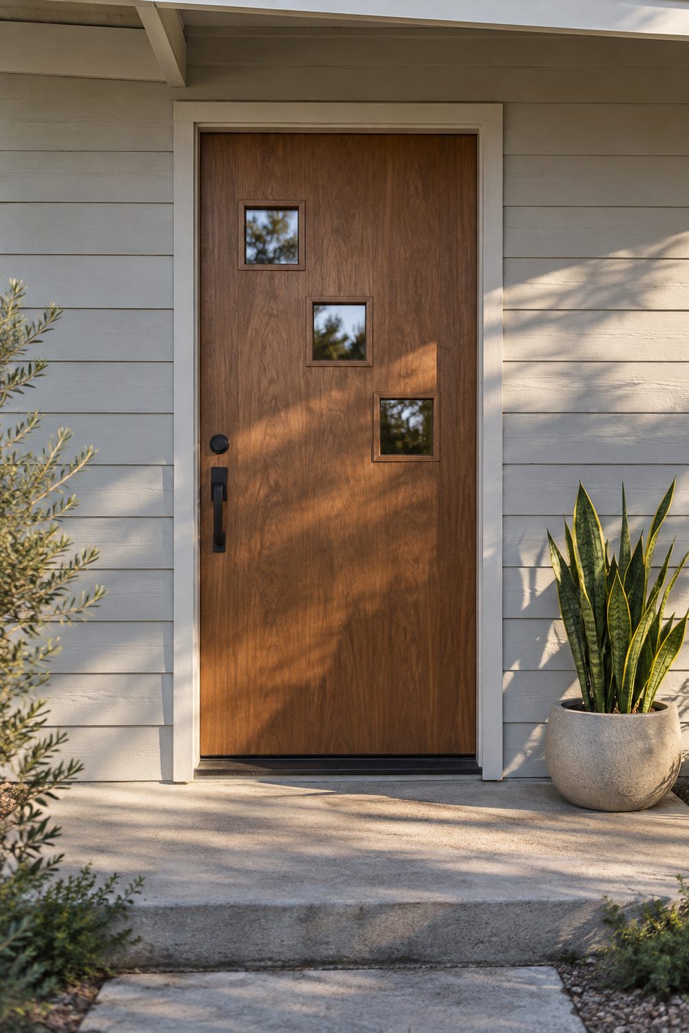 Walnut stained slab front door with three staggered square glass windows on a grey sided ranch, snake plant planter on the stoop