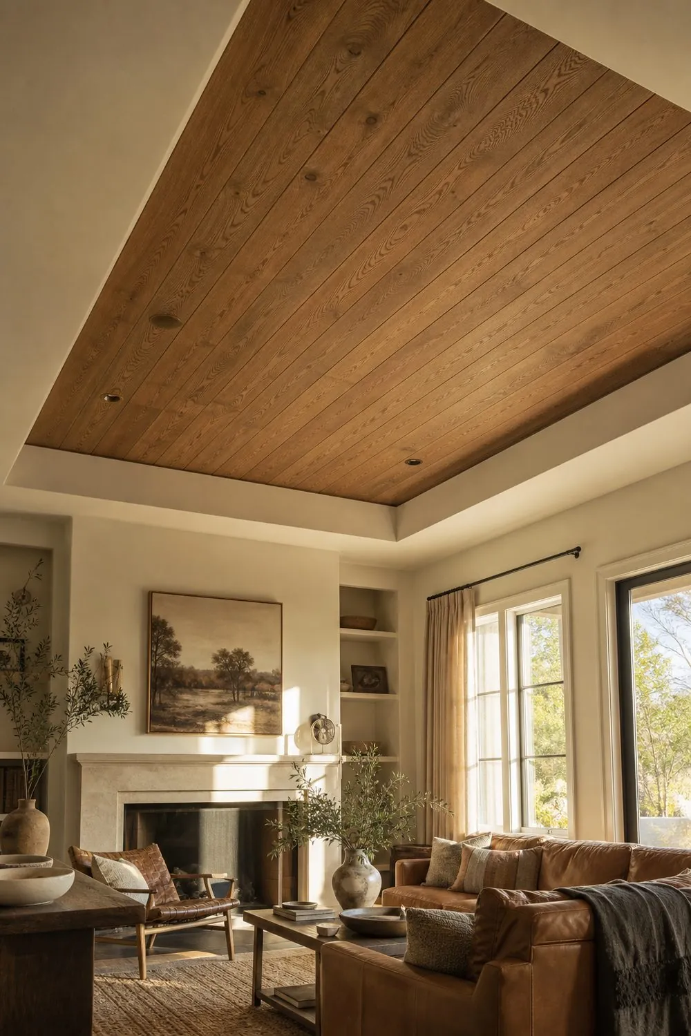 Living room tray ceiling lined with medium stain white oak planks framed by painted trim above camel leather seating