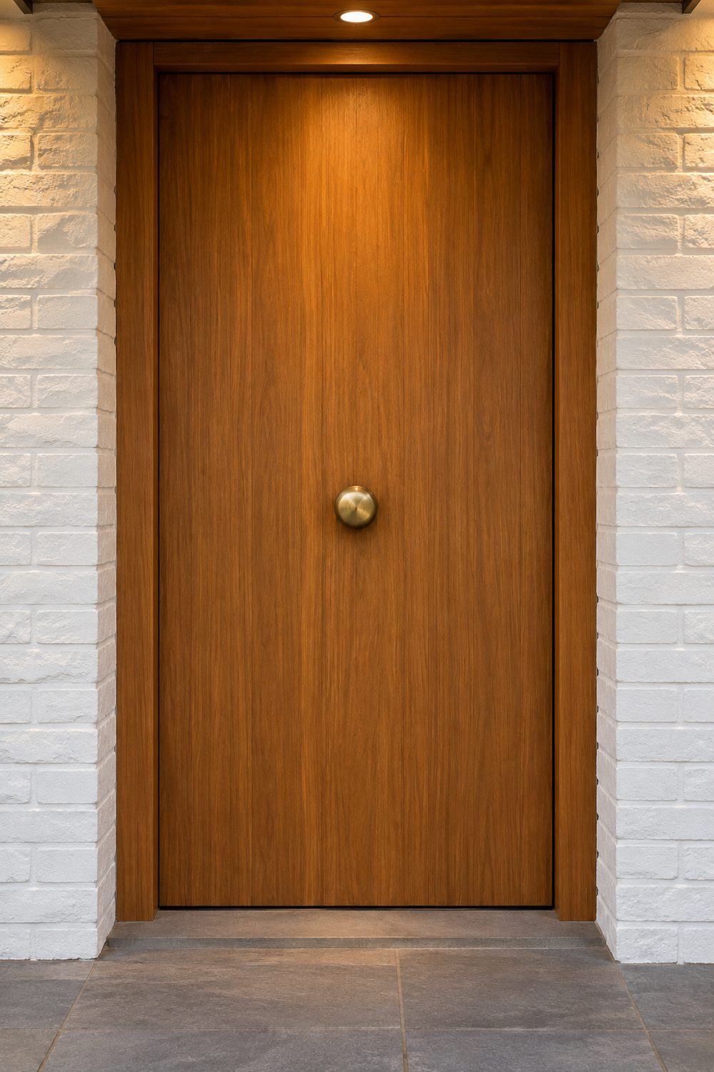 Teak slab front door with a single round brass knob mounted in the center, set between white painted brick walls