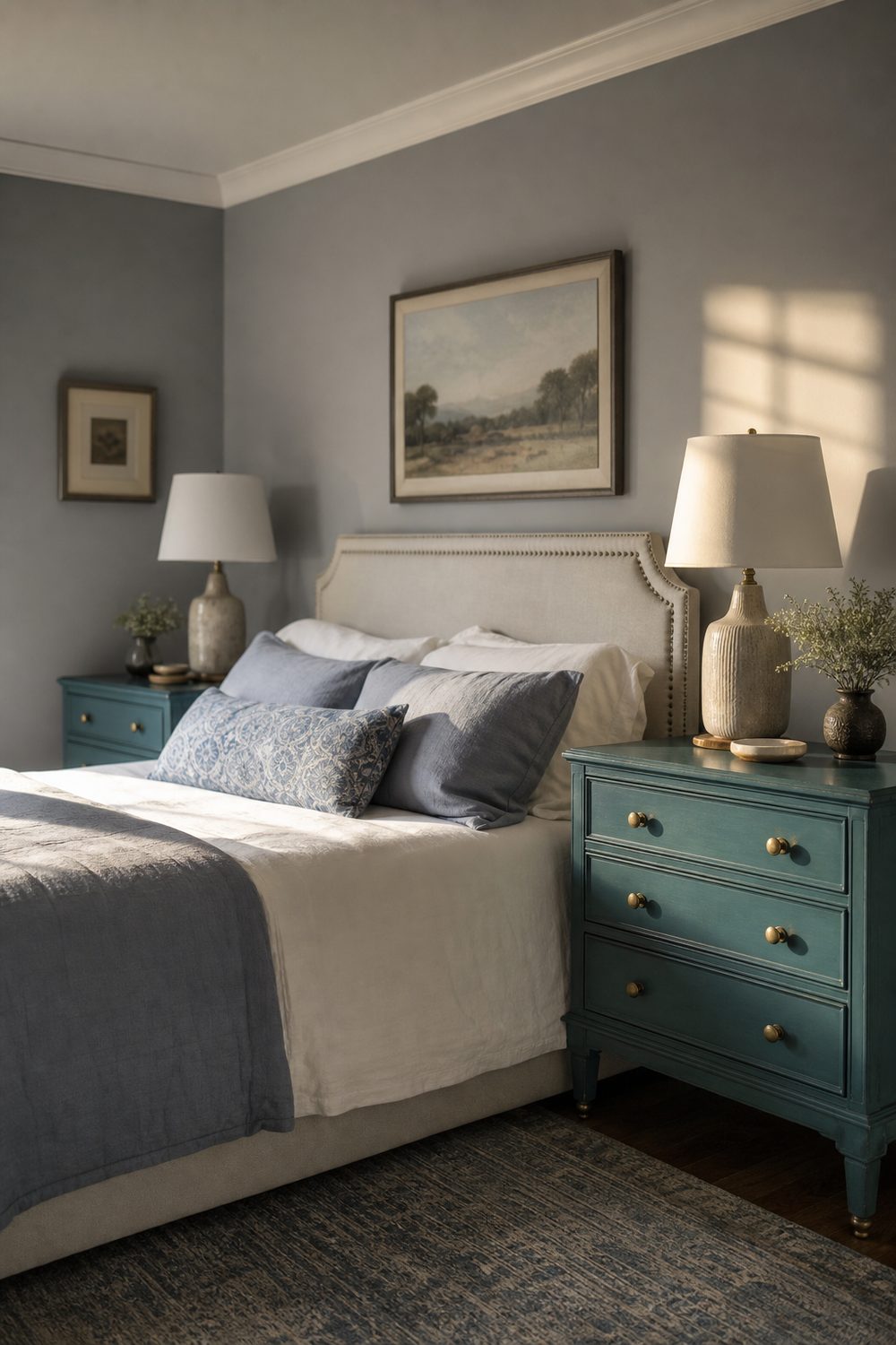 Muted teal blue painted nightstands with brass pulls against grey bedroom walls beside a bed with white bedding