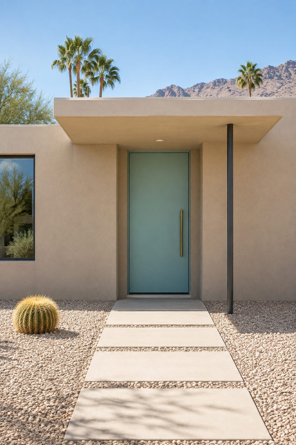Soft turquoise slab front door with a brass pull on a sand colored stucco house, steel post overhang and desert gravel