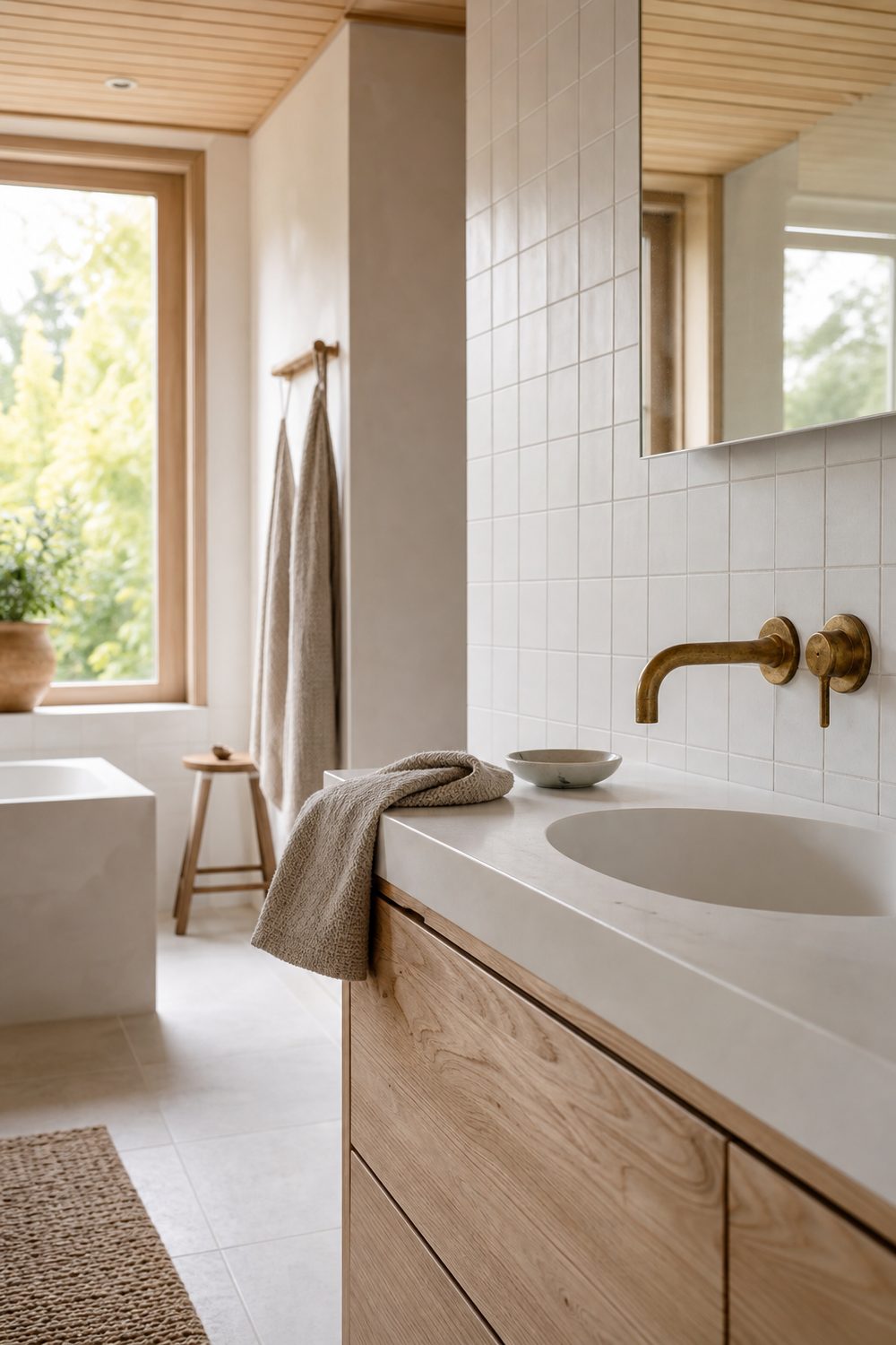 Unlacquered brass wall mounted tap with warm patina above a white basin, set against white tile and a pale oak vanity