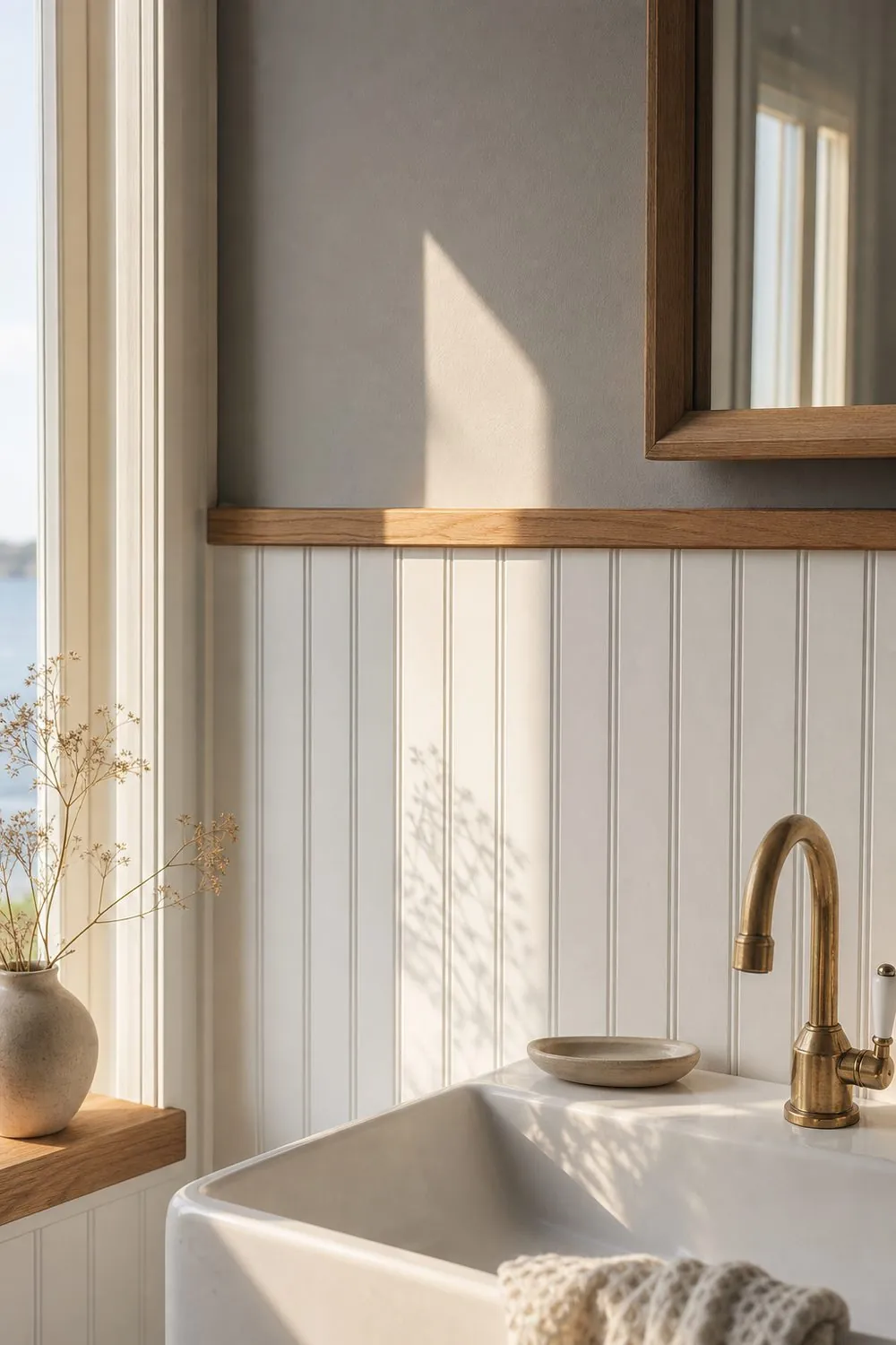White vertical beadboard wainscot with fine grooves and an oak cap rail behind a white basin with a brass tap