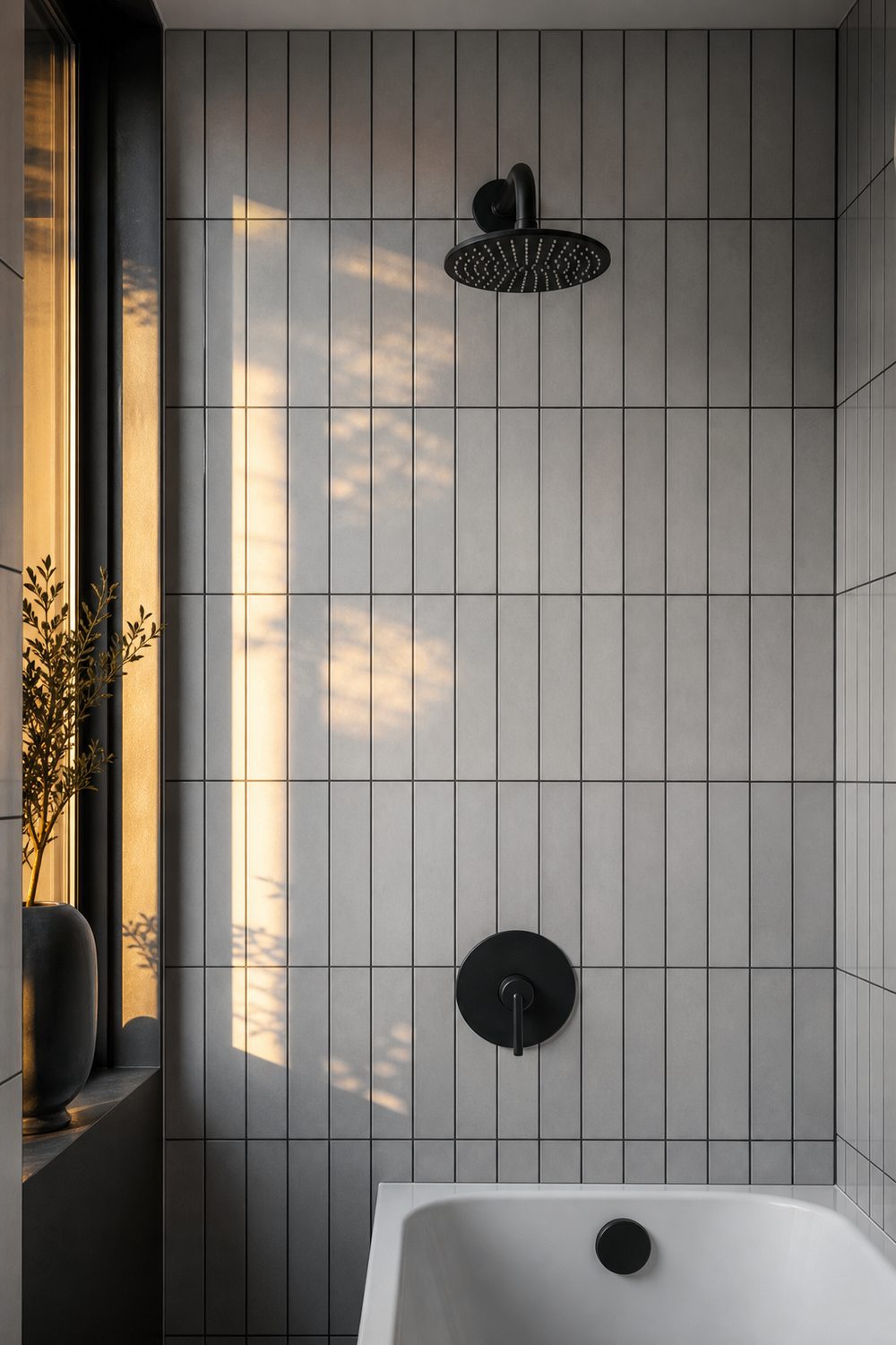 Light grey subway tile stacked vertically with black grout lines on a bathroom shower wall with a matte black shower head