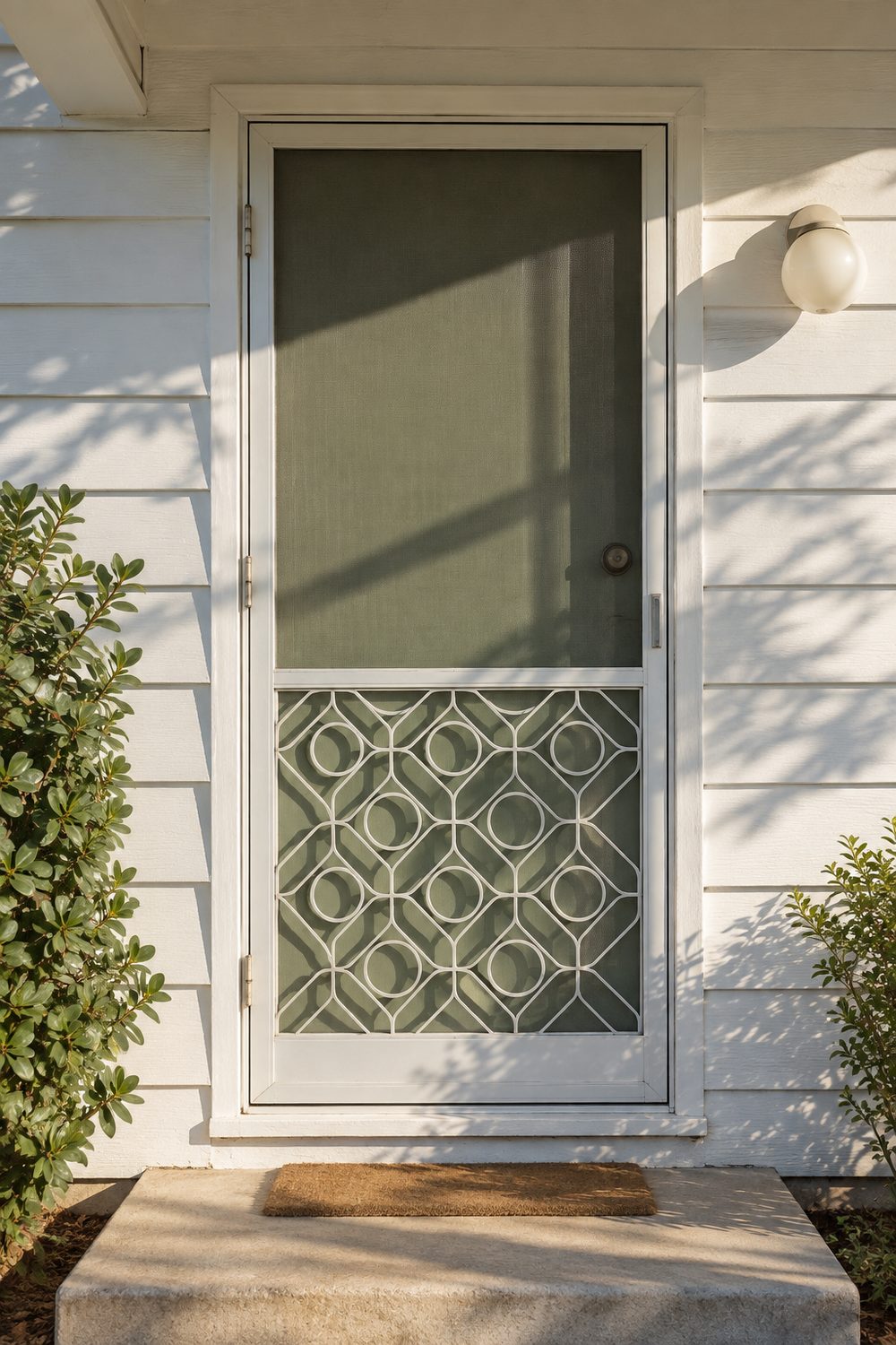 White aluminum screen door with a diamond and circle grille over a sage green front door on a white sided 1950s ranch