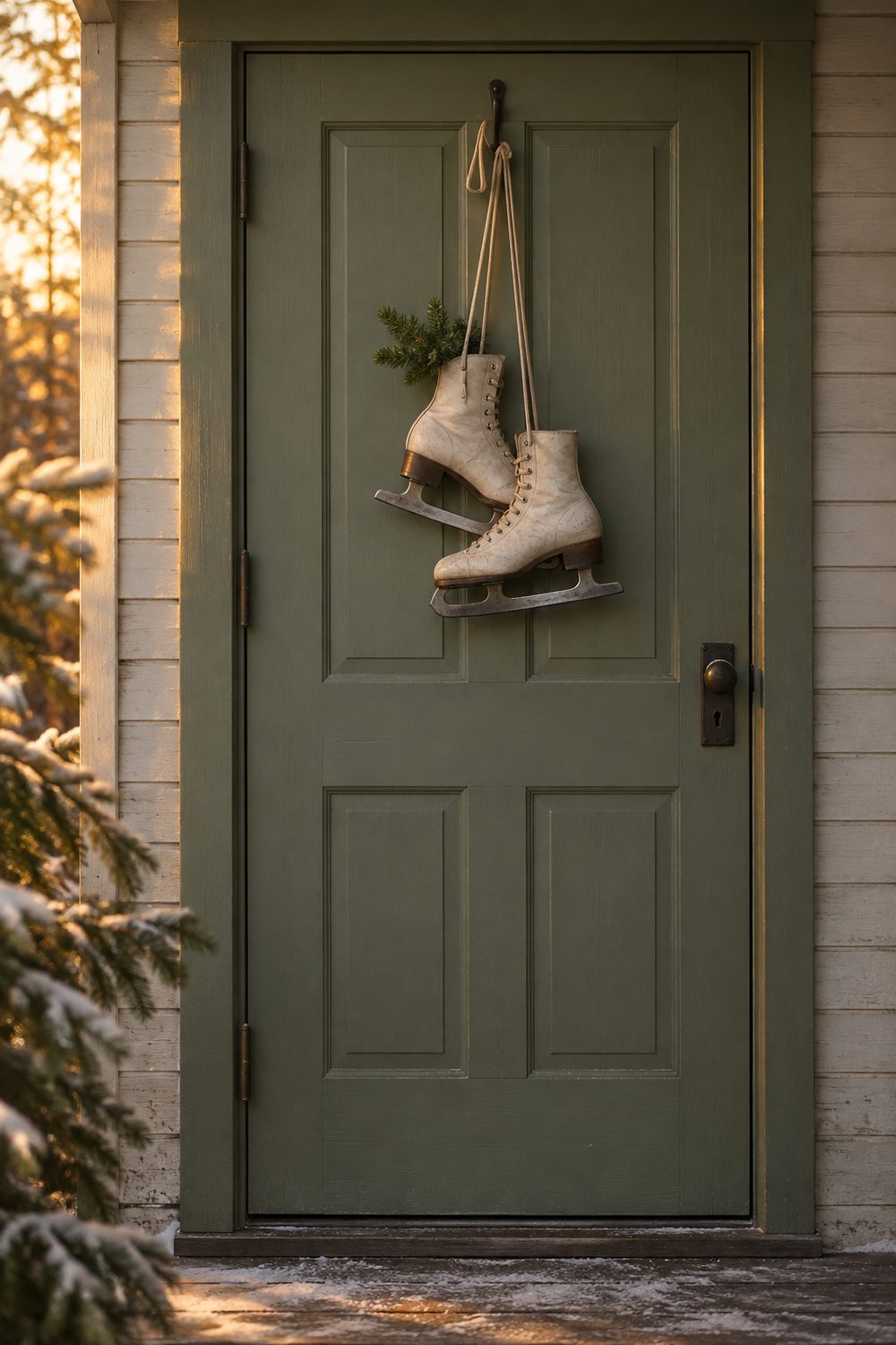Pair of cream vintage leather ice skates hanging by their laces on a sage green front door with an evergreen sprig