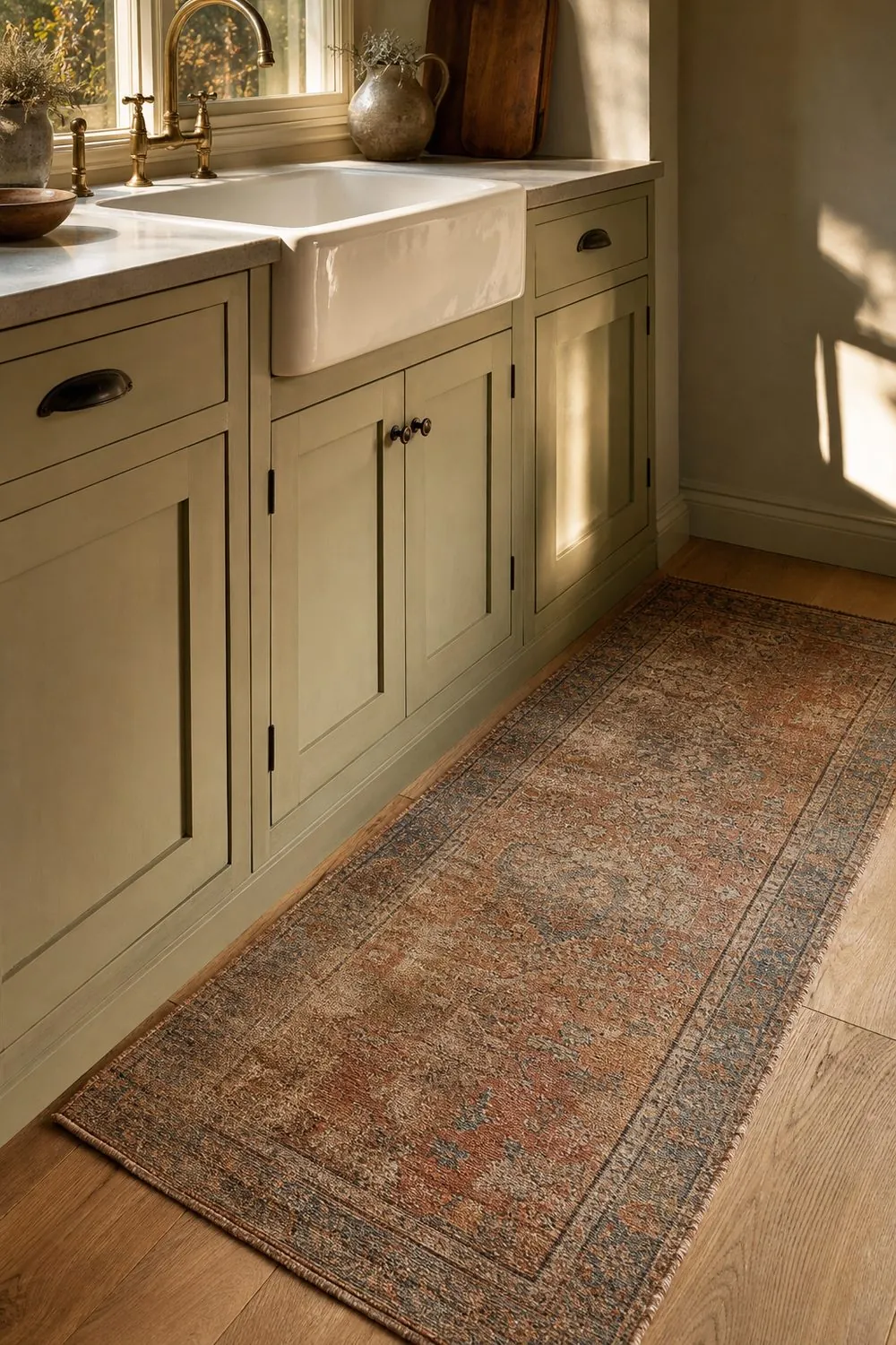 Faded vintage wool runner rug in rust and blue tones on wide plank oak flooring in front of an apron sink in a farmhouse kitchen