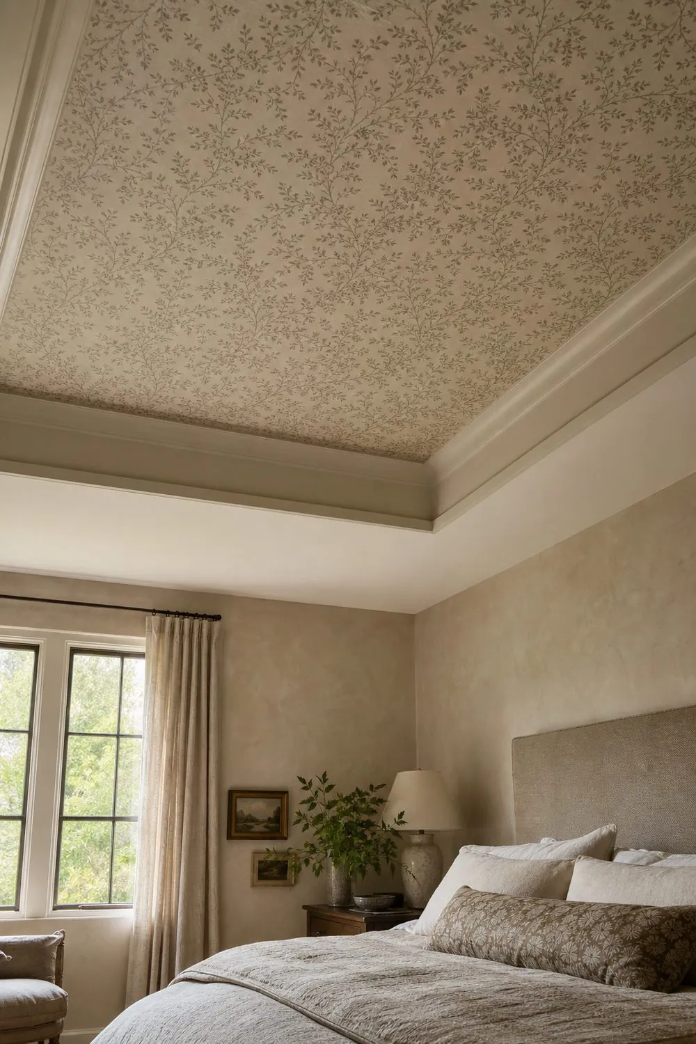 Bedroom tray ceiling with a small scale botanical wallpaper inside the recessed panel framed by painted trim