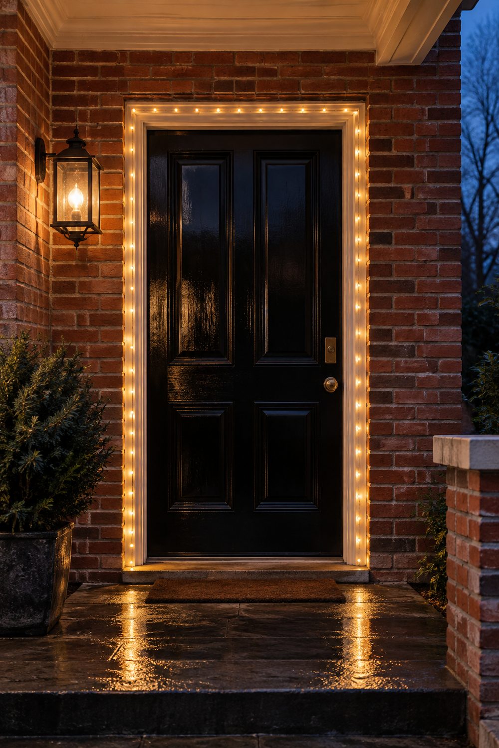 Warm white string lights outlining the frame of a black front door on a brick entry at blue hour