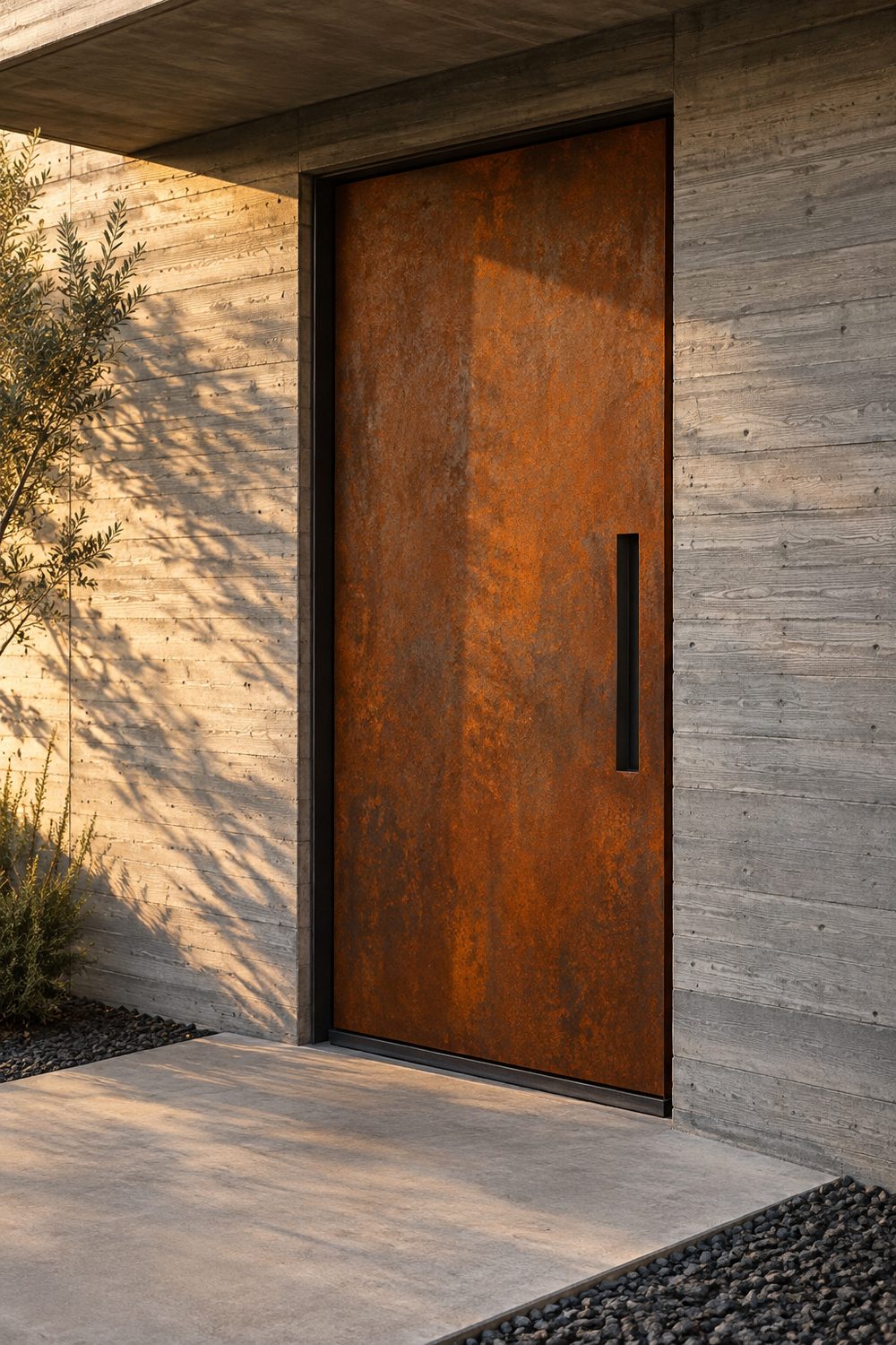 Weathered corten steel front door with a rust orange patina set in a board formed concrete wall
