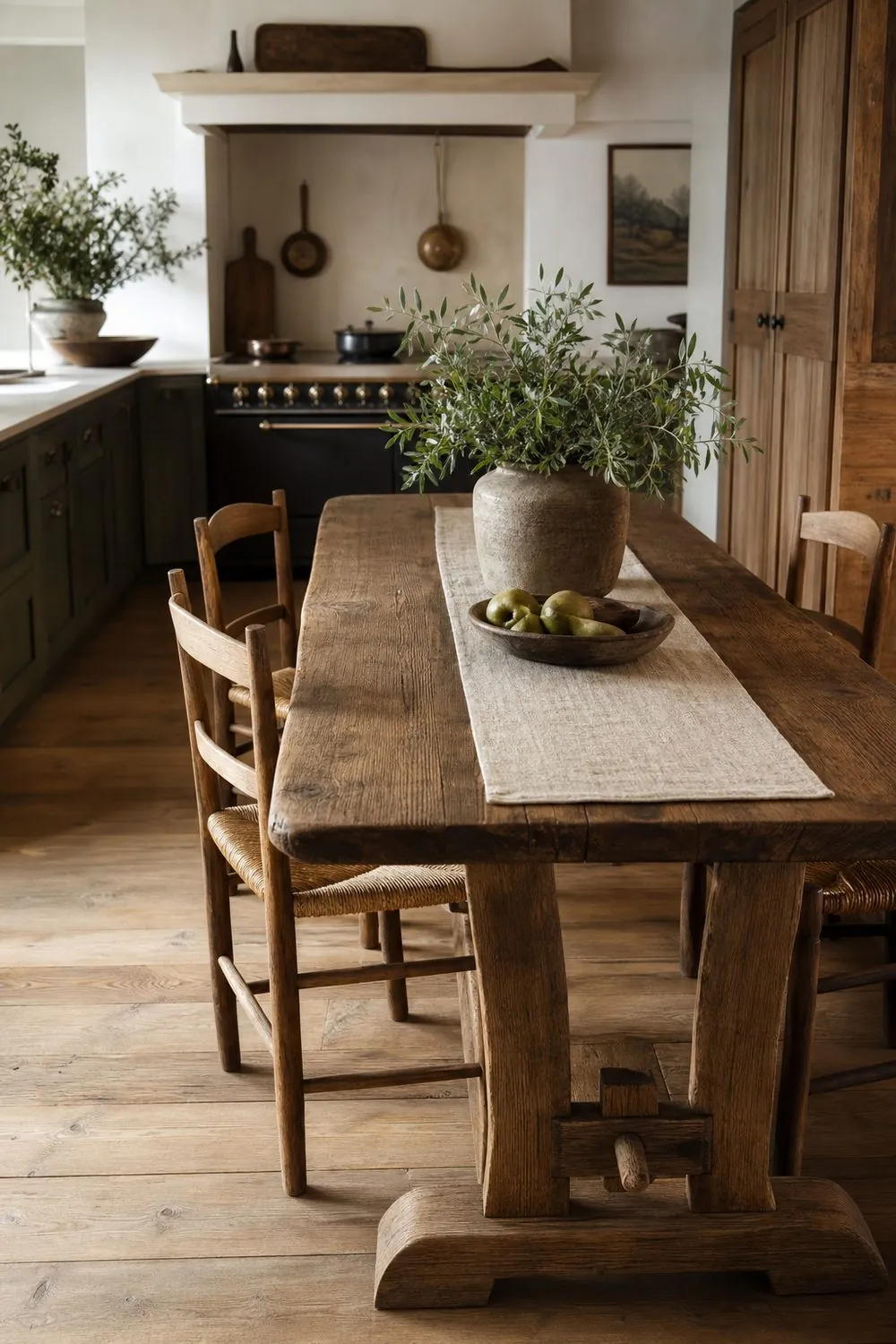 Solid oak trestle farmhouse dining table with wood chairs in the eat in area of a kitchen with green cabinets and a range behind
