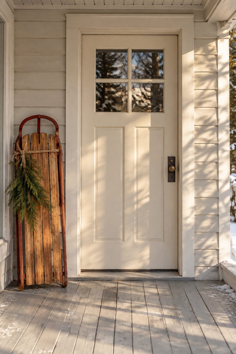 Vintage wooden toboggan with red runners leaning against the wall beside a cream cottage front door