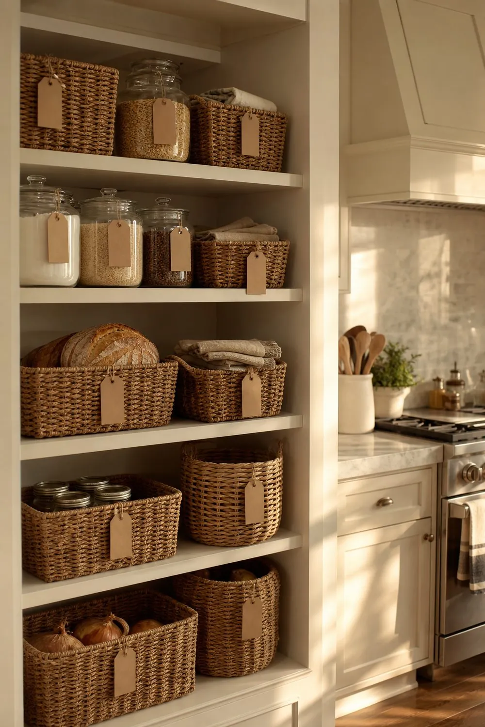 Woven seagrass baskets and glass jars with kraft tags on built in pantry shelving beside a farmhouse kitchen with a range and marble counter