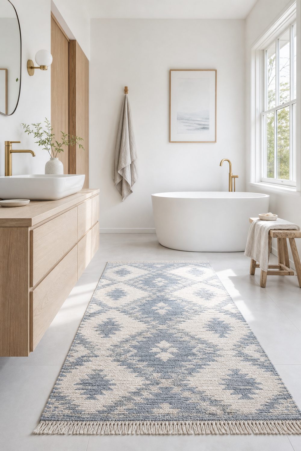Blue and cream flatwoven wool rug with fringed ends on pale tile, between an oak vanity and a freestanding tub