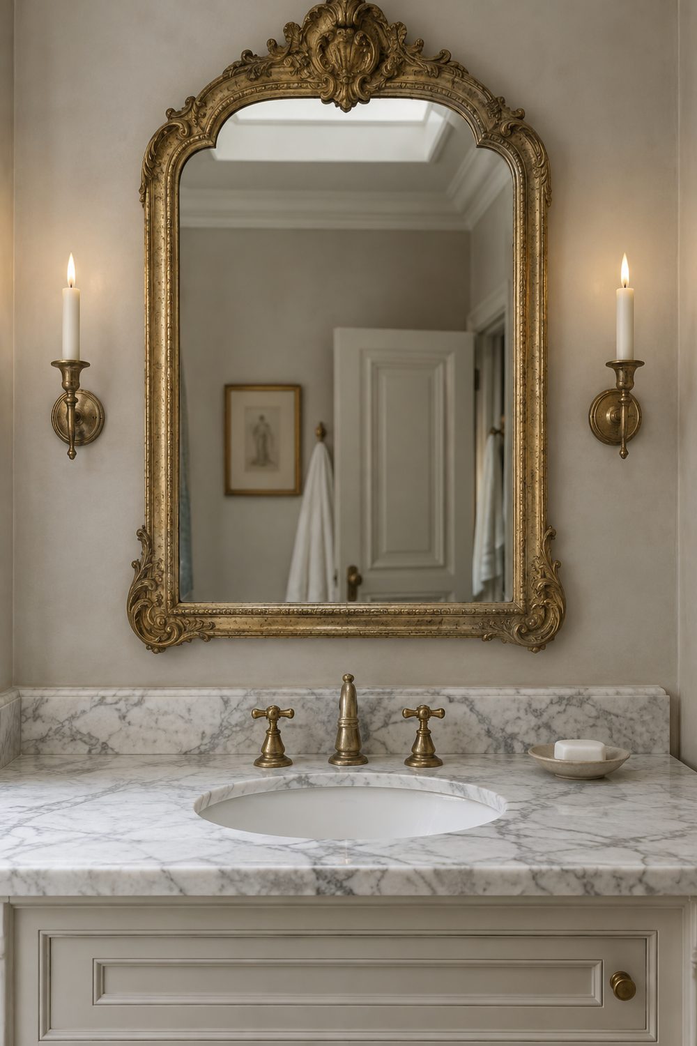 Carved antique gold leaf mirror over a white vanity with a thick marble top and brass faucet in a greige bathroom