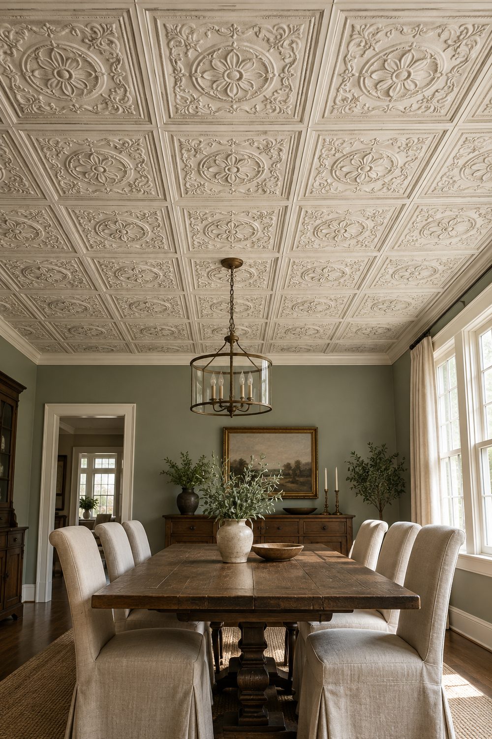 Dining room with antique white faux tin ceiling tiles in a raised floral square pattern, sage walls, dark wood table and linen chairs