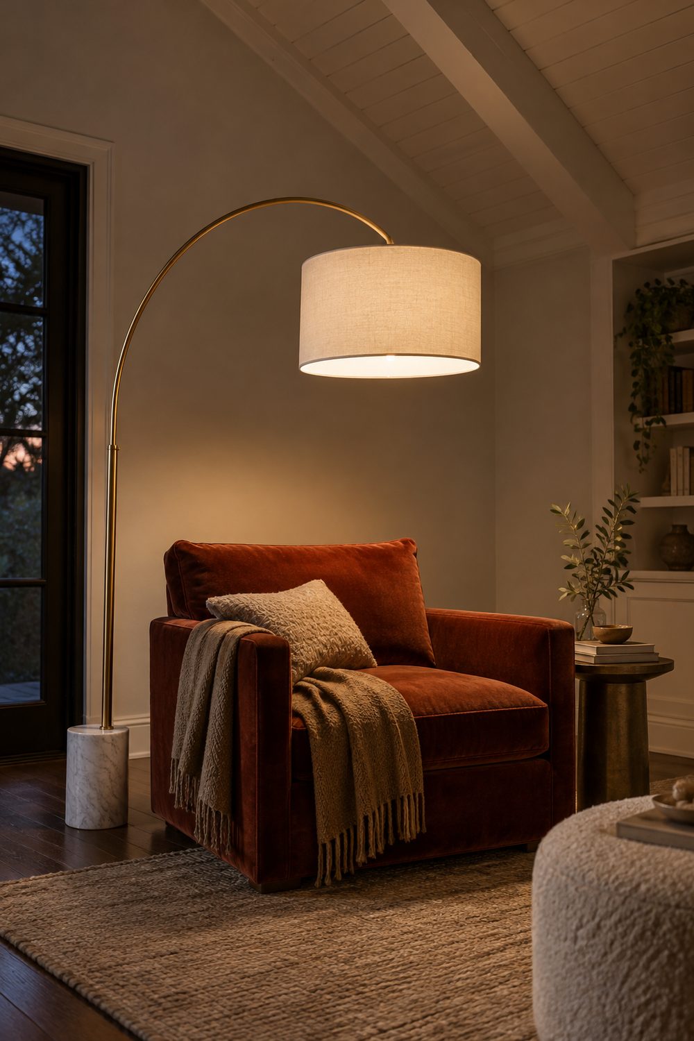 Brass arc floor lamp with linen shade curving over a rust velvet armchair in a reading nook under a white vaulted ceiling