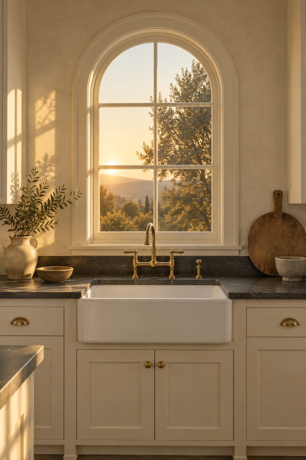 Round arched window centered above a white apron front farmhouse sink, brass bridge faucet, cream cabinets, plaster walls