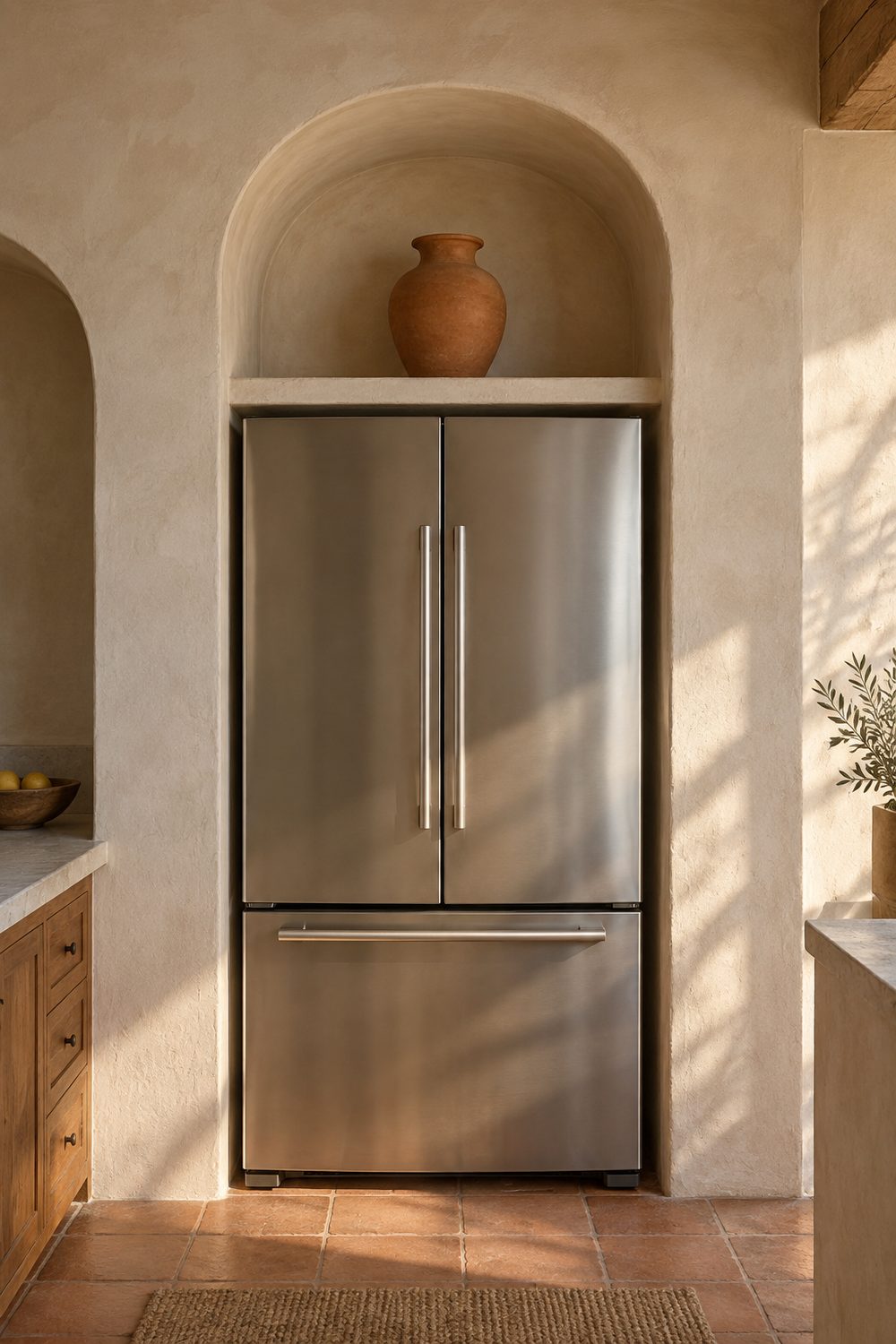 Stainless refrigerator recessed under a rounded limewash plaster arch with a terracotta vase in a Mediterranean kitchen