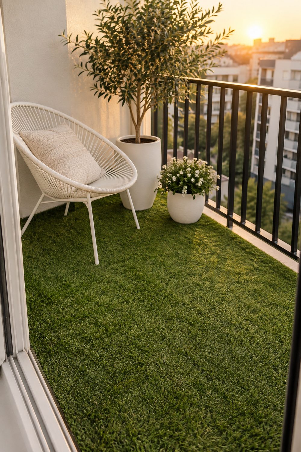 Artificial grass covering the whole floor of a small city balcony with a white lounge chair and two potted plants