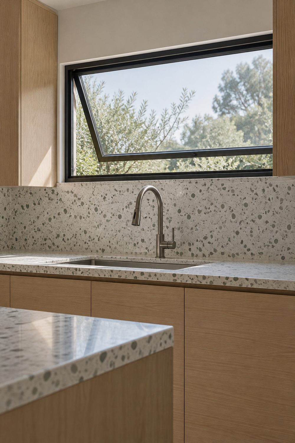 Awning window hinged at the top and tilted open above a kitchen sink, white oak cabinets, white terrazzo counter