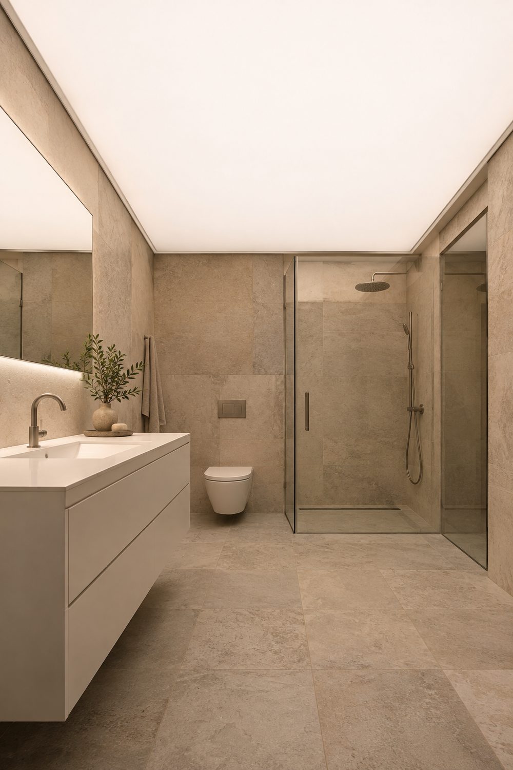 Windowless modern bathroom with a one piece backlit stretch ceiling panel glowing evenly above a white vanity and stone tile