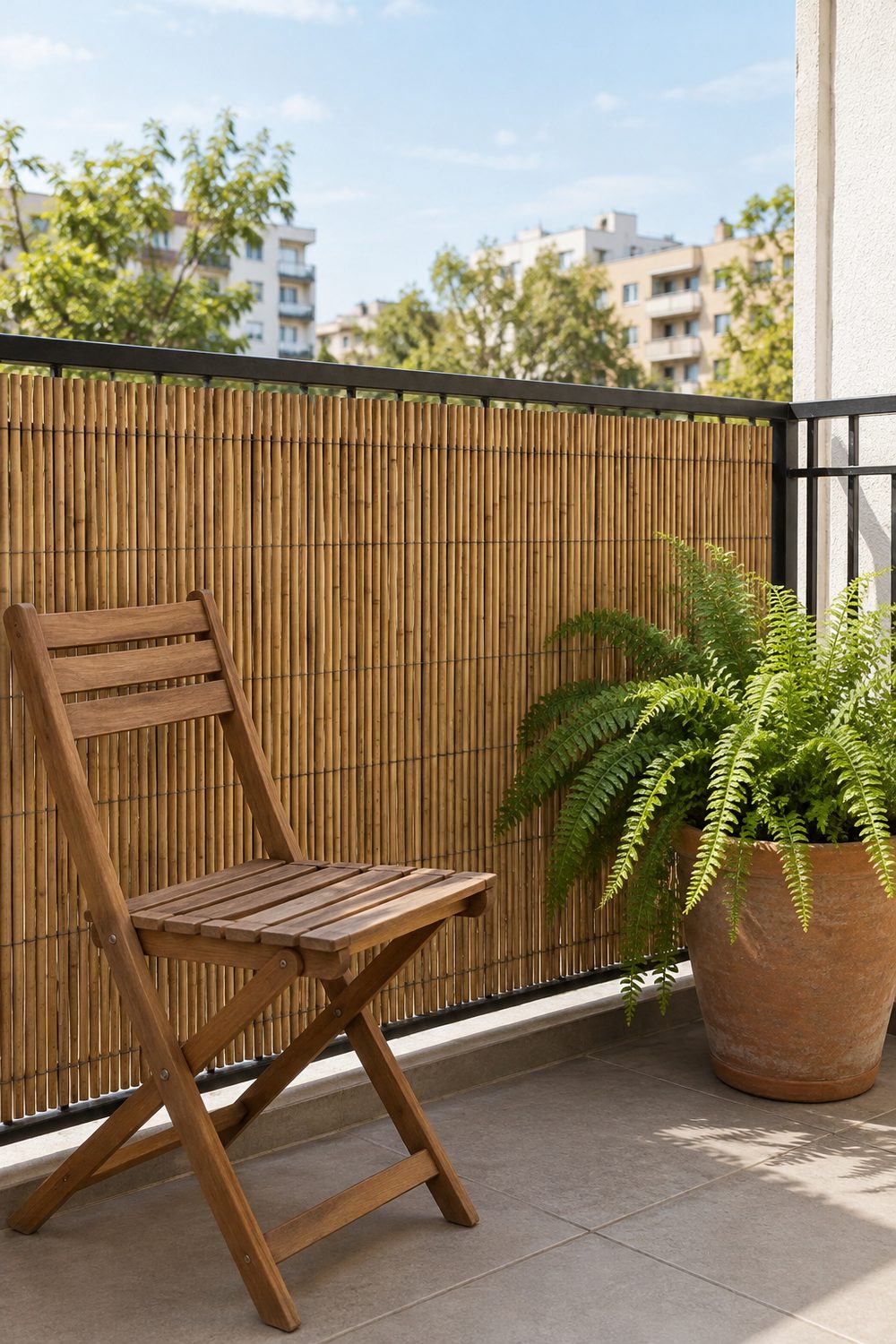Natural bamboo reed privacy screen tied along a black balcony railing behind a wooden folding chair and potted fern