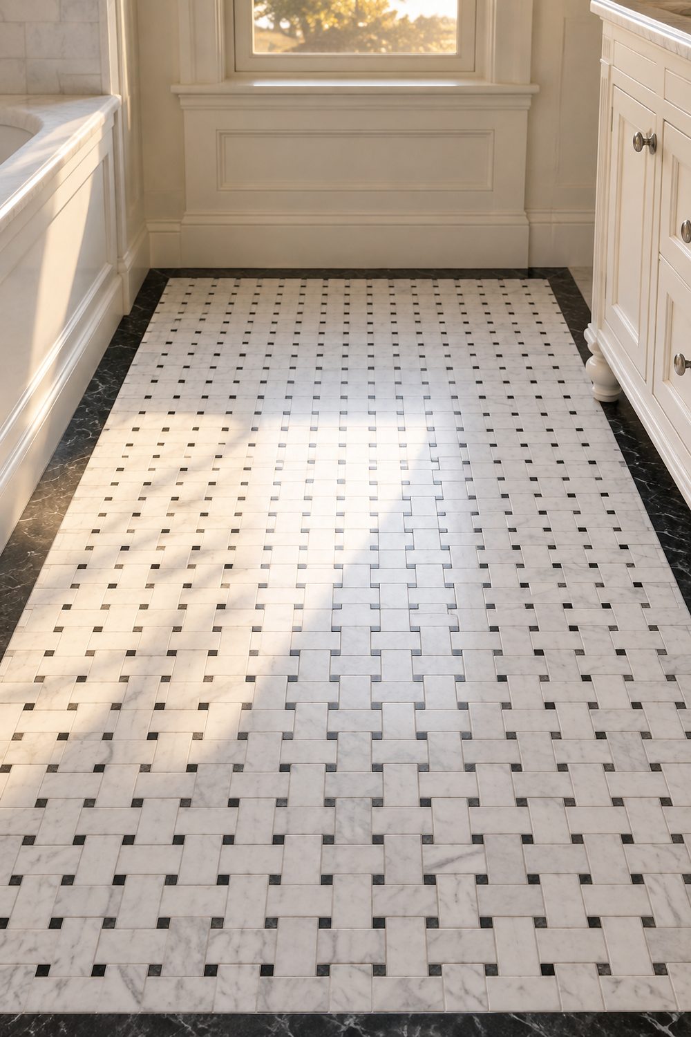White marble basketweave mosaic floor with black dot inserts and a narrow black border in a traditional bathroom