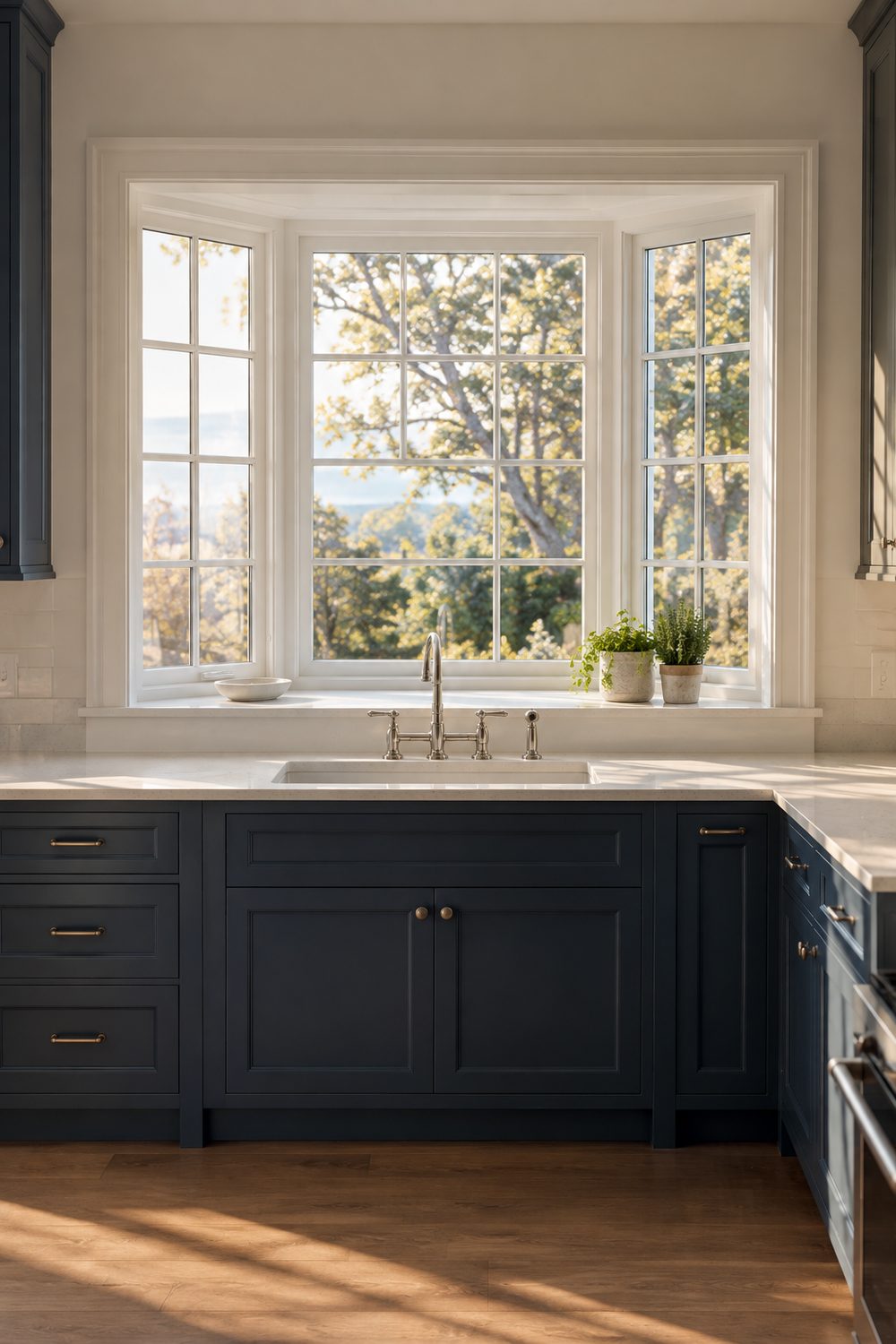 Three panel bay window above a kitchen sink with a deep white wood sill holding two plants, navy cabinets and white quartz