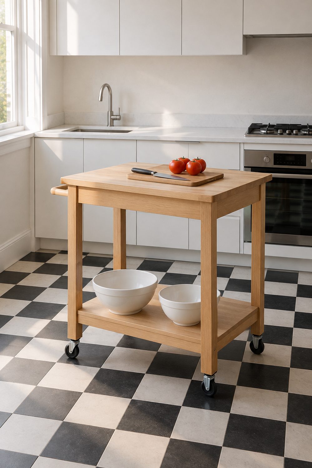 Small natural beech wood kitchen cart used as a mini island in front of white cabinets, with a cutting board and tomatoes on top