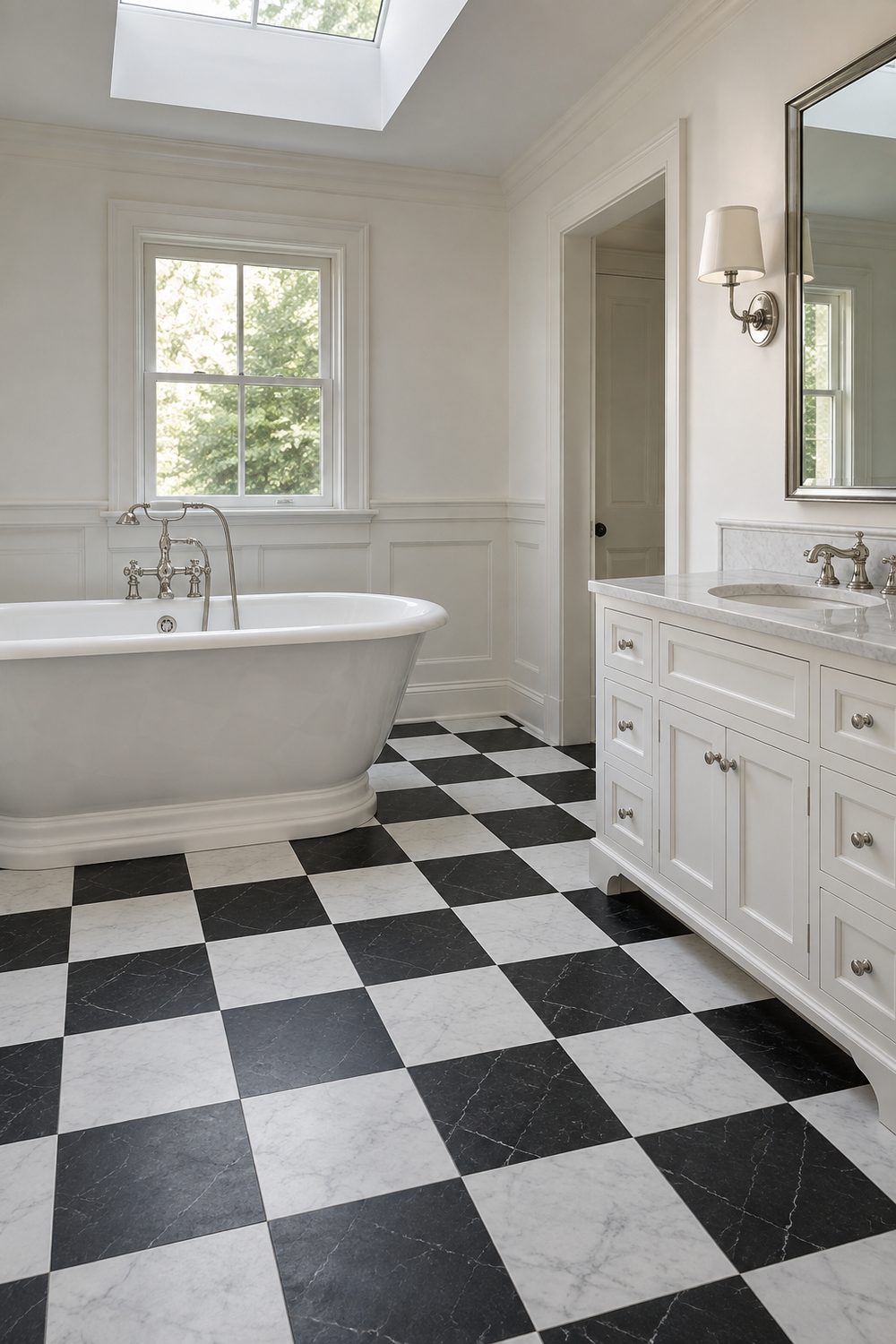 Black and white checkerboard marble floor in a white traditional bathroom with a freestanding tub and painted vanity