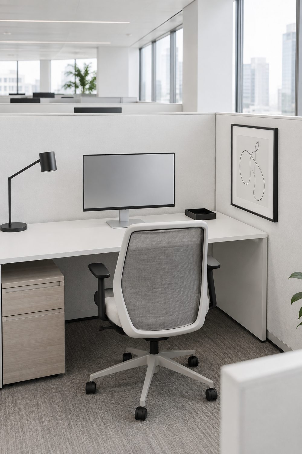 Office cubicle with off-white walls and white desk accented by a black framed print, black desk lamp and black tray