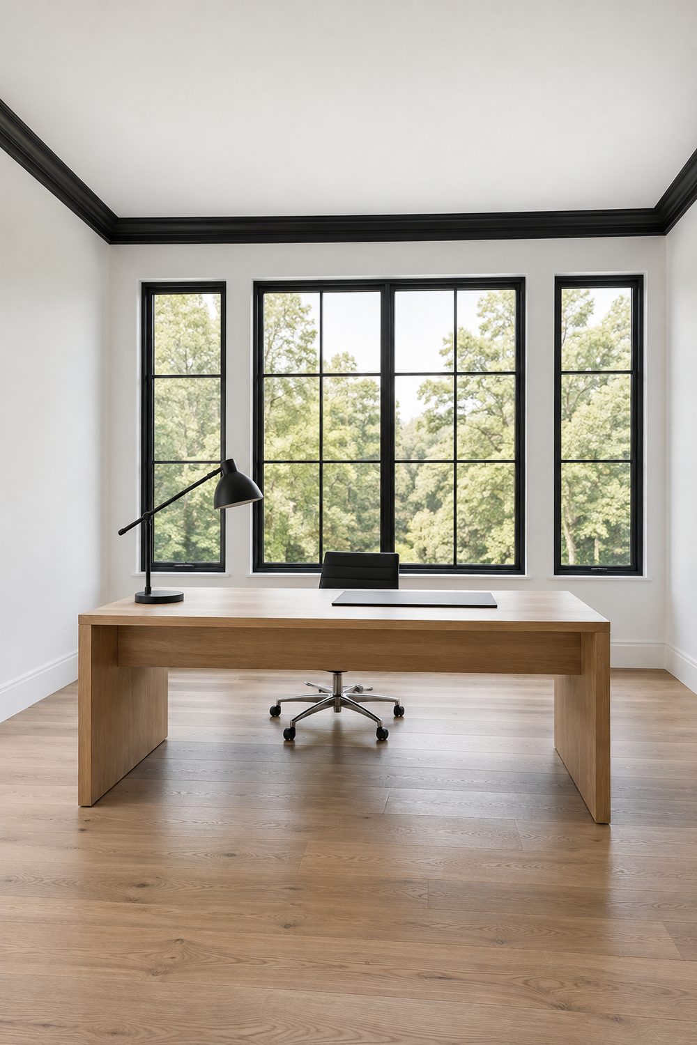 Modern home office with white walls, satin black crown molding along a white ceiling, black steel windows and a light oak desk