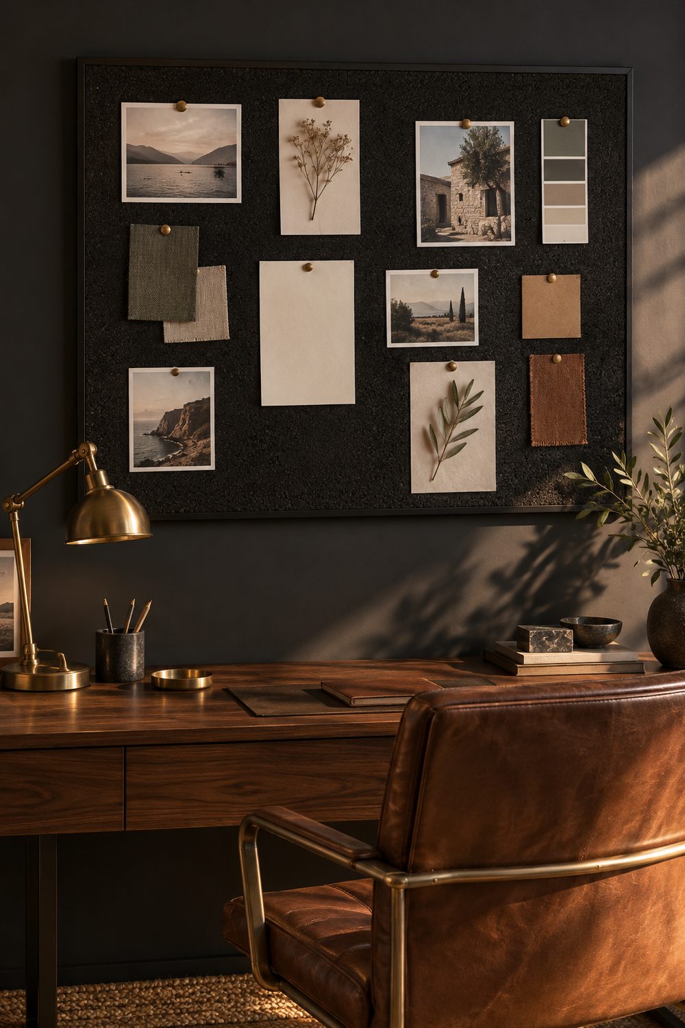 Matte black stained cork board with brass push pins and cream cards on a charcoal wall above a walnut desk and leather chair