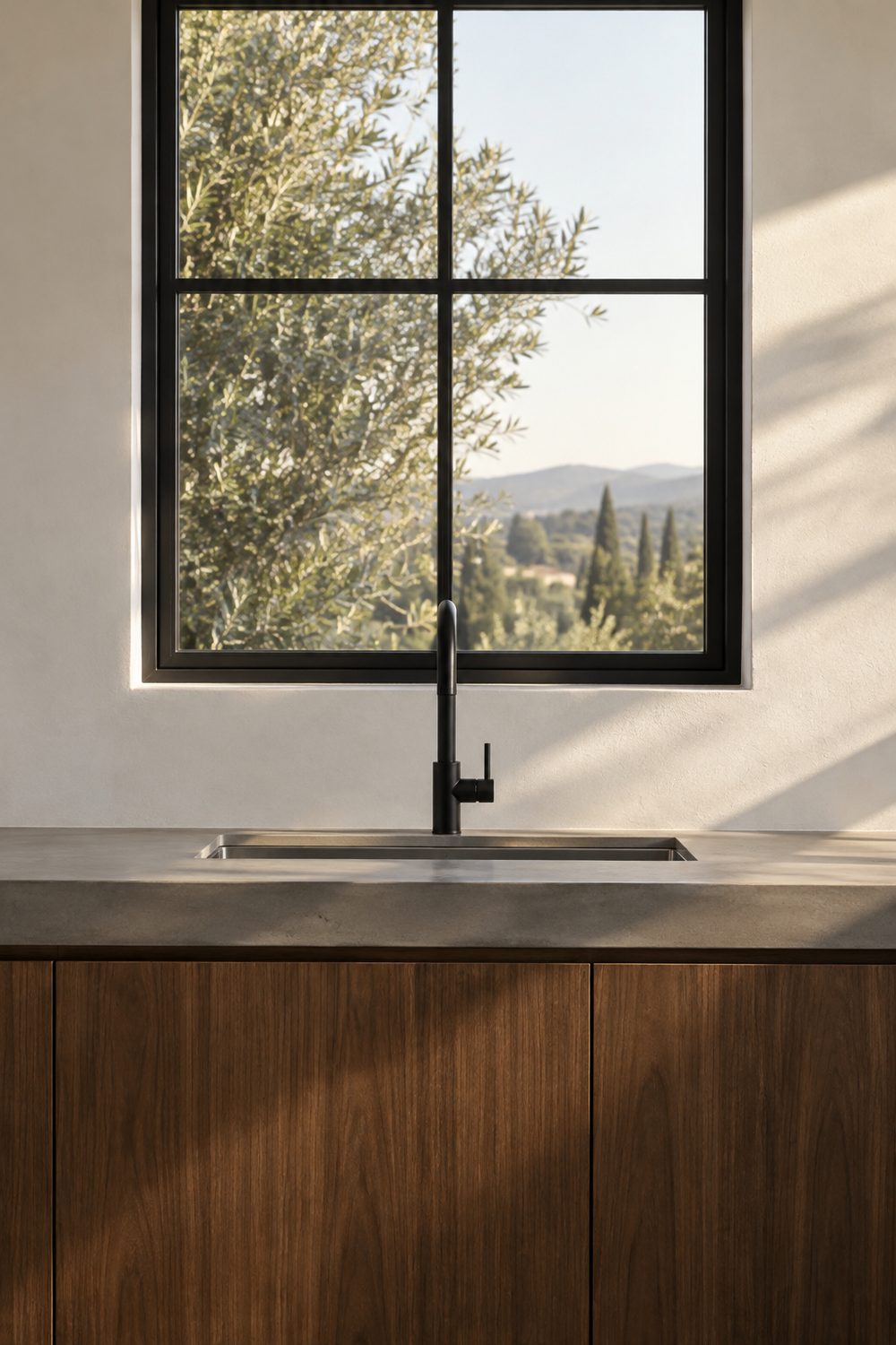 Black steel frame window with a six pane grid above a stainless sink, walnut cabinets, concrete counter, white plaster wall