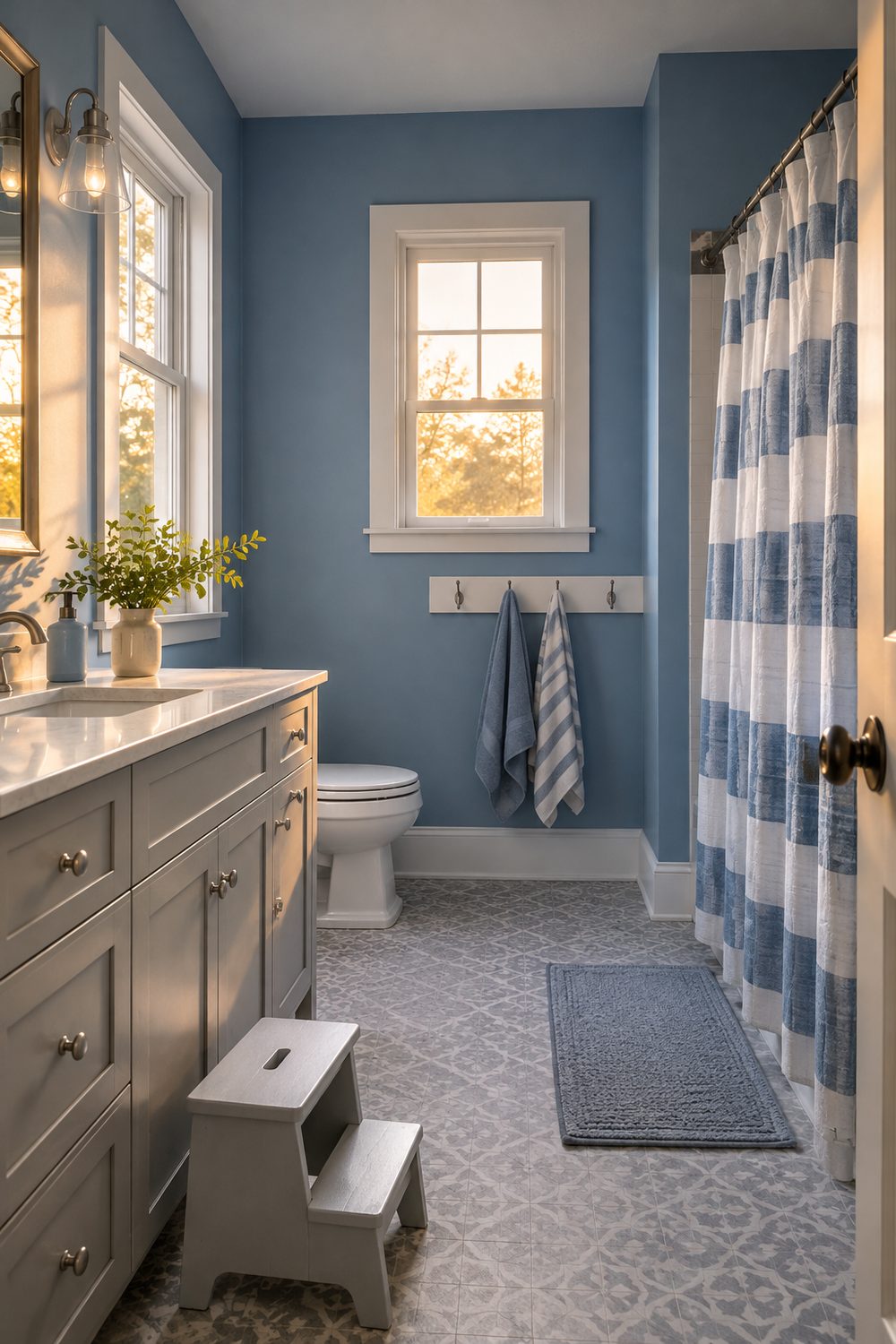Kids bathroom with medium blue walls, a grey vanity, a striped shower curtain, a stepstool and towel hooks