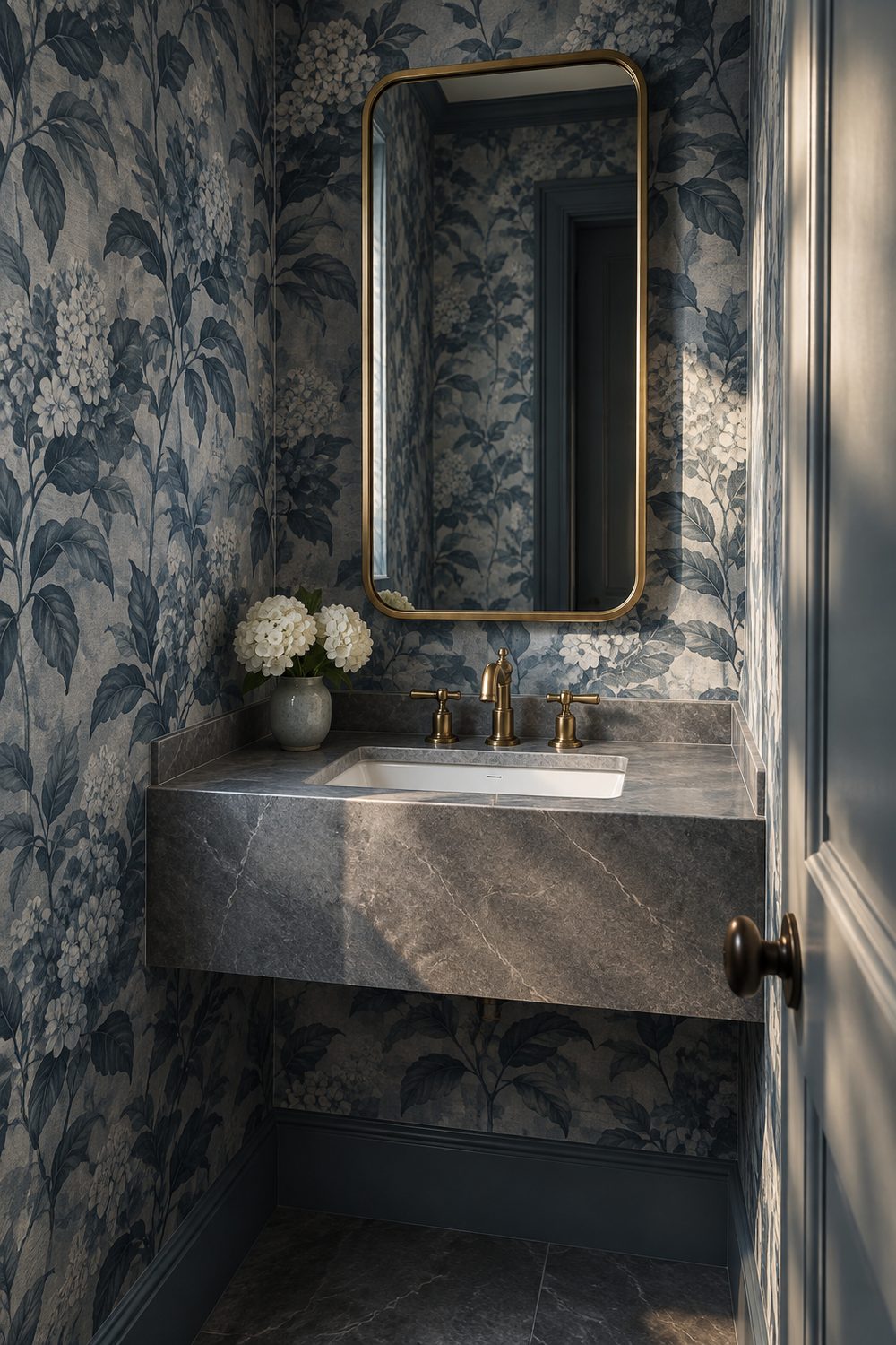 Small powder room with blue and grey botanical wallpaper, a slim grey stone vanity and a brass-framed mirror