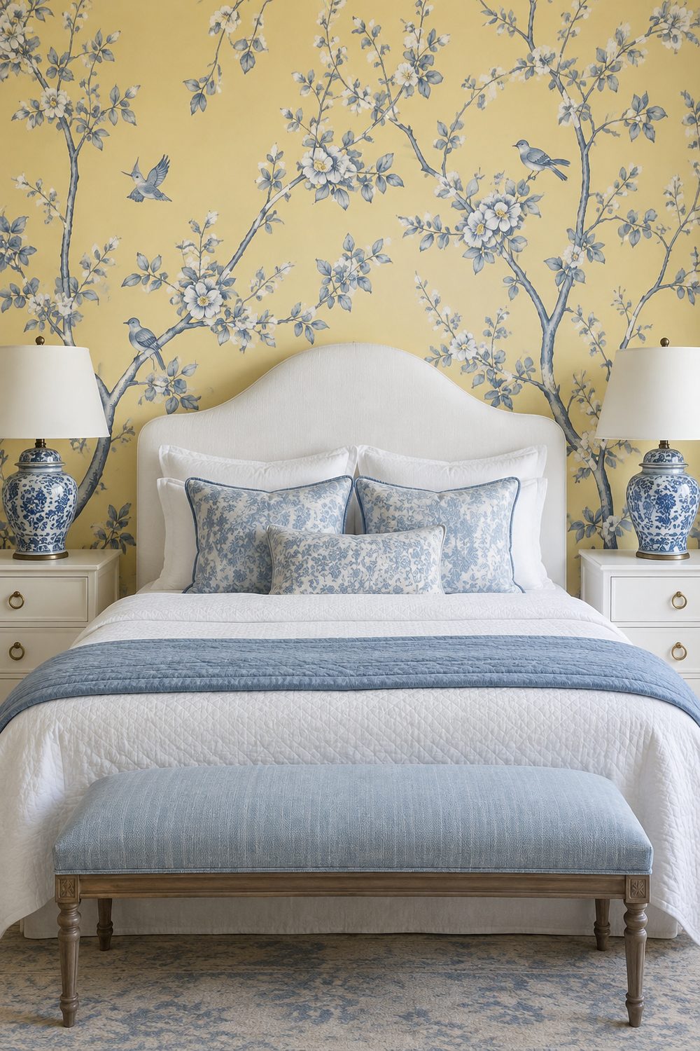 Bedroom with blue and yellow chinoiserie wallpaper behind a white upholstered bed, blue and white bedding, ginger jar lamps