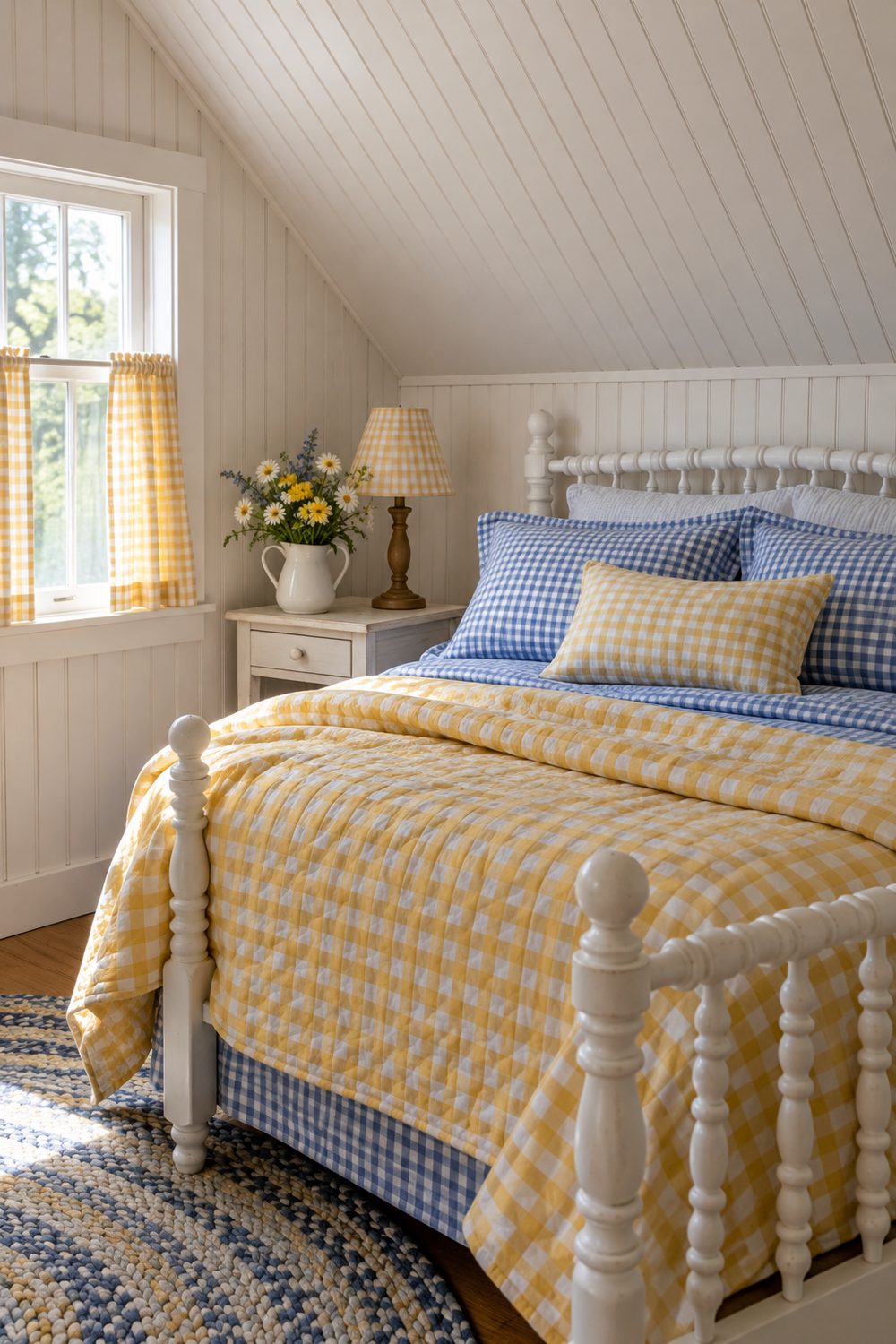 Cottage bedroom with sloped ceiling, white beadboard, spindle bed with blue gingham sheets, yellow gingham quilt and curtains