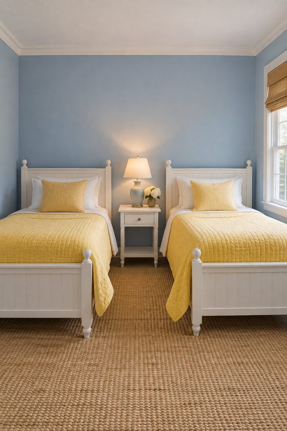 Guest bedroom with soft blue walls, two white twin beds with yellow coverlets, shared white nightstand and lamp