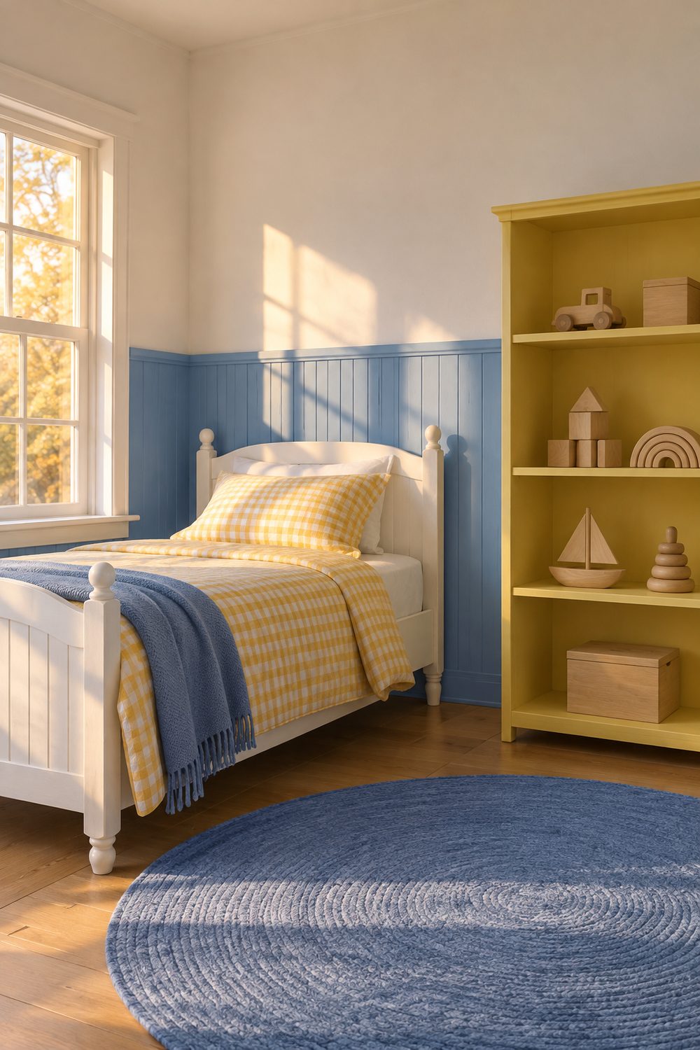 Kids bedroom with cornflower blue lower walls, white twin bed with yellow gingham quilt, yellow bookcase, round blue rug