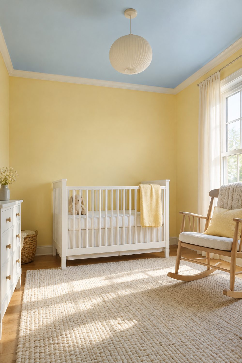 Nursery with a pale sky blue painted ceiling, butter yellow walls, white crib with yellow blanket, light wood rocking chair