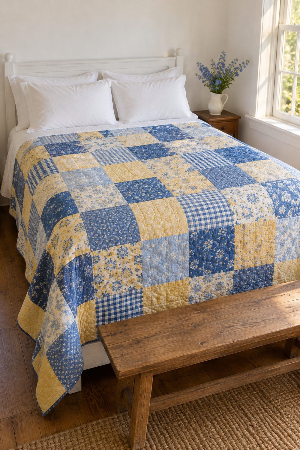 Bed covered with a blue and yellow patchwork quilt, white pillows and shams, wooden bench at the foot, white walls