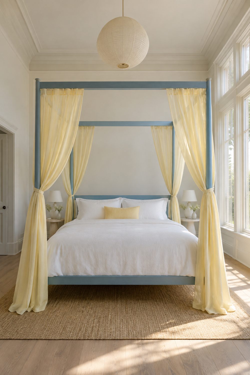 Blue painted four poster canopy bed with sheer pale yellow linen drapery tied at the posts in a tall white bedroom