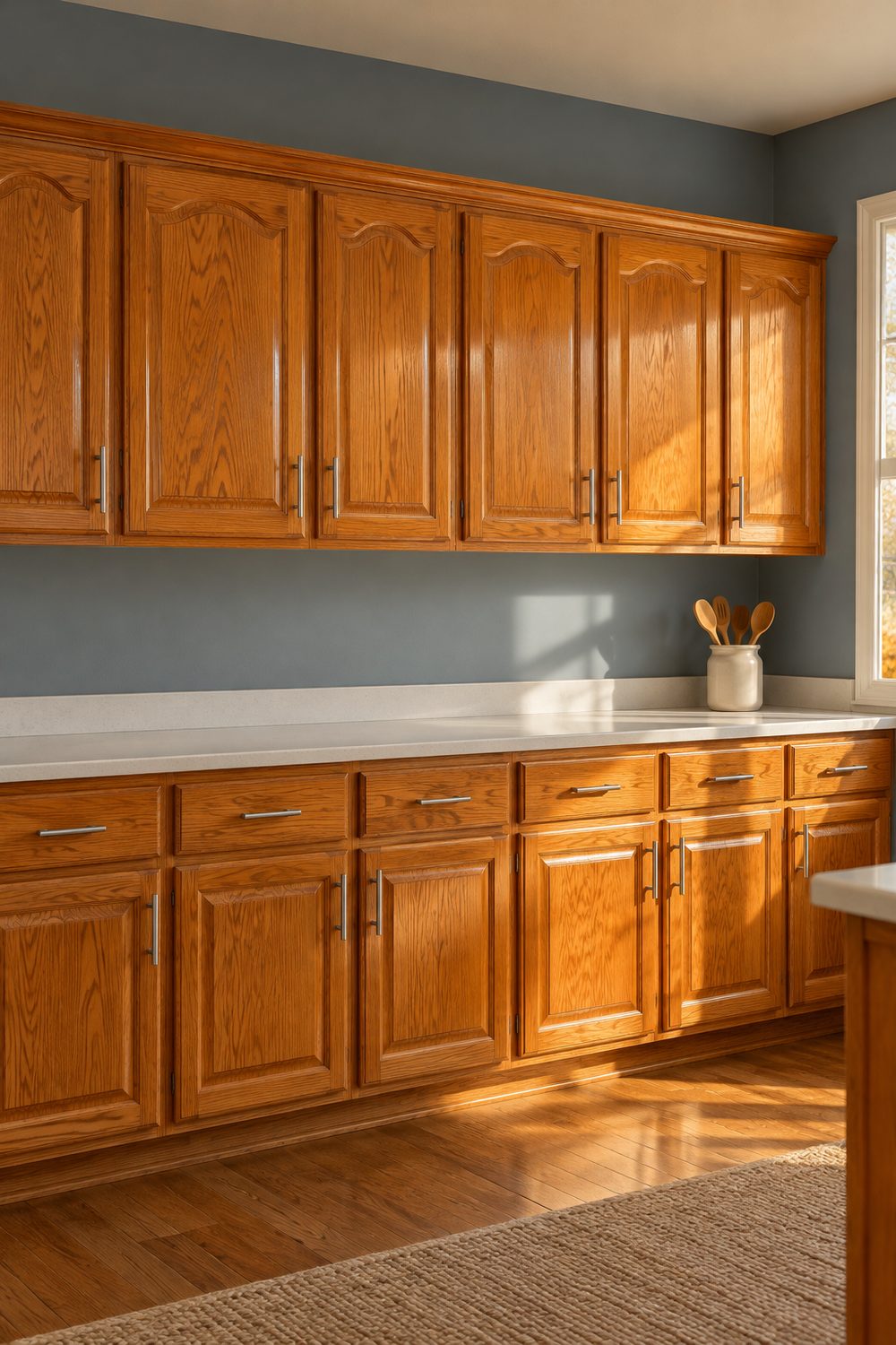 Kitchen with orange oak raised panel cabinets, muted blue gray painted wall, brushed nickel pulls and an off white quartz counter
