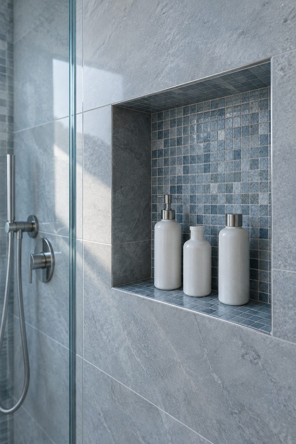 Walk-in shower wall with a recessed niche lined in blue grey mosaic tile holding three white bottles