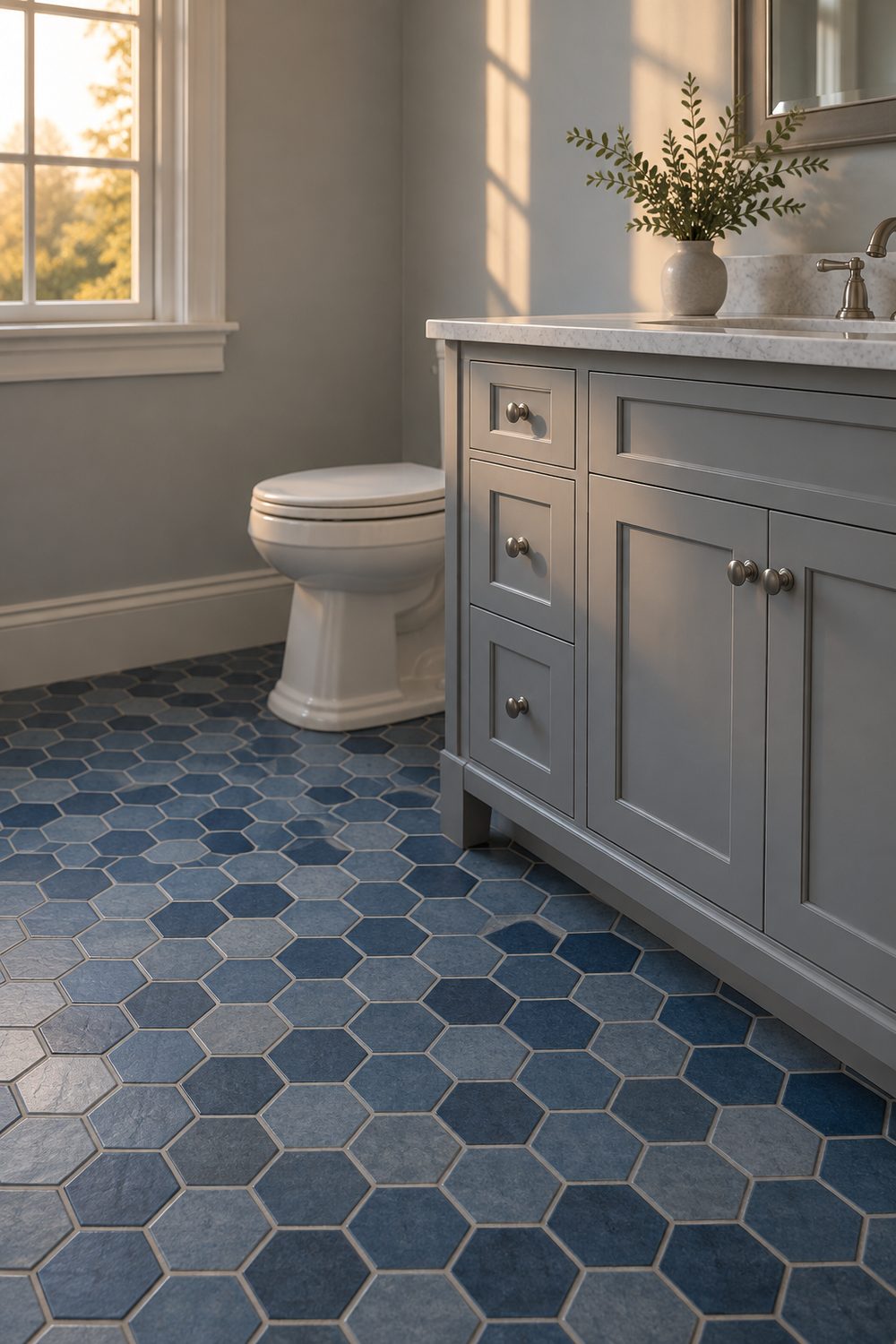 Bathroom with a two-tone blue hexagon tile floor, a grey vanity and pale grey walls