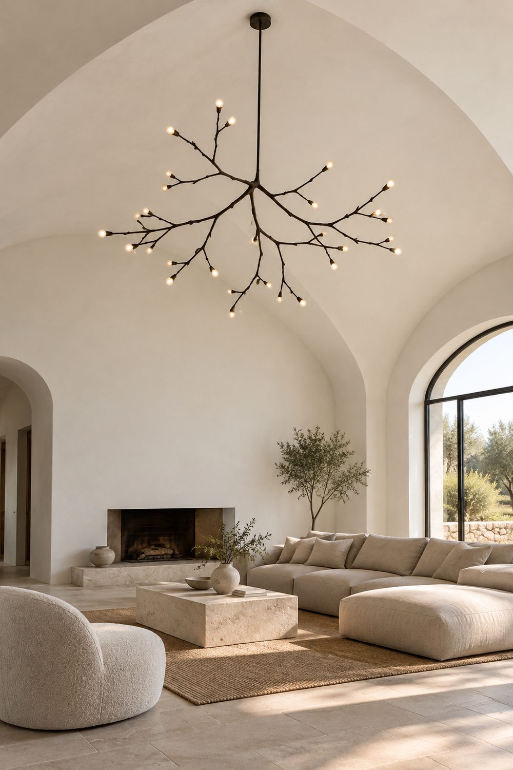 Matte black sculptural branch chandelier hanging against a soaring smooth white vaulted ceiling in a minimal modern living room